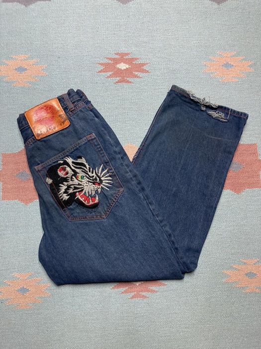 Vintage VTG y2k Ed hardy baggy jeans embroidered tiger JNCO 32x30 | Grailed