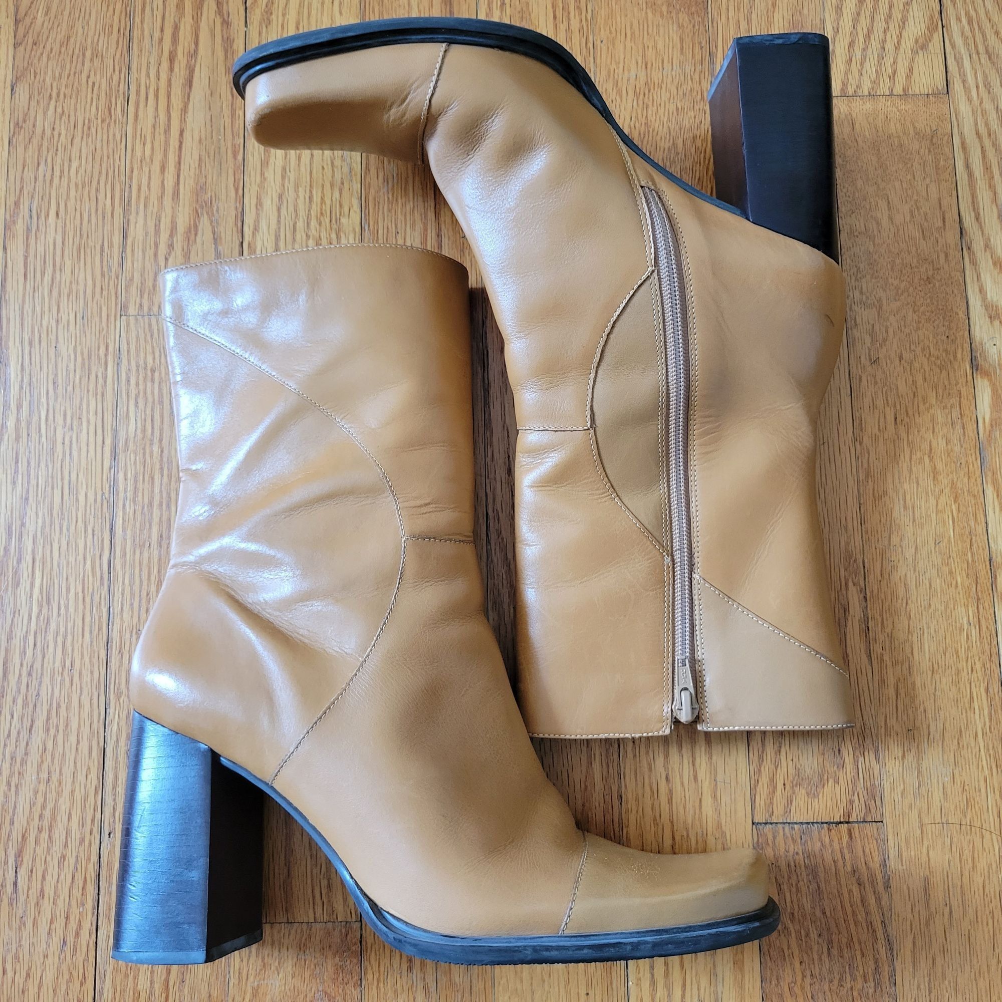 Vintage Bruno Valenti DARCY Block Heel Leather Boots 10 Camel Tan Vi Size US 10 / IT 40 - 1 Thumbnail