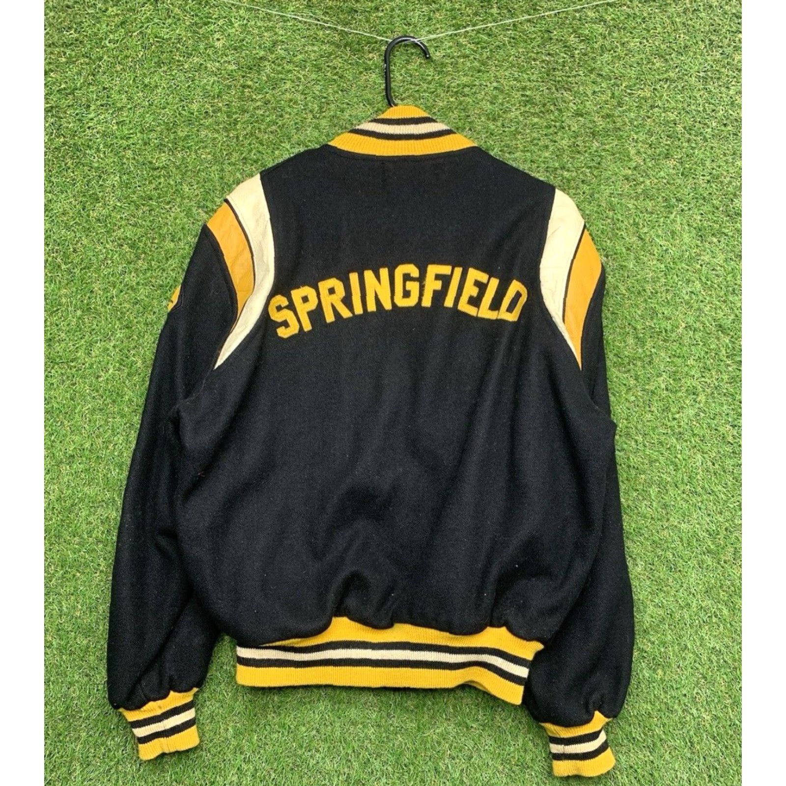 Holloway VINTAGE Holloway Letterman Jacket Unisex Adults 44 Black Yellow 80s Varsity Springfield Wool Zip Pockets Nylon Lining Size US S / EU 44-46 / 1 - 2 Thumbnail