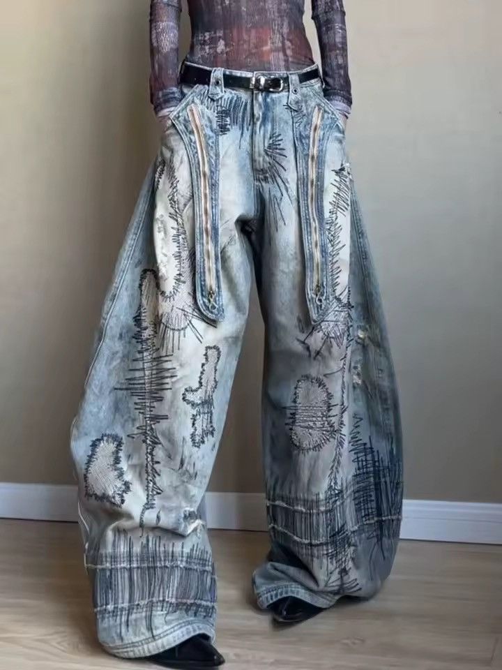 Jean Distressed Printed Design Loose Wide Leg Pants Jeans Size US 32 / EU 48 - 1 Thumbnail