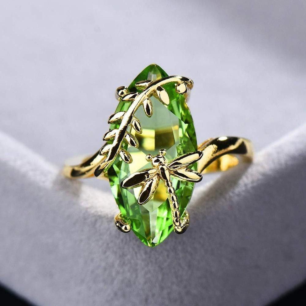 Designer Sterling Silver Green Olive Marquise Gold Dragonfly Ring Size ONE SIZE - 3 Thumbnail