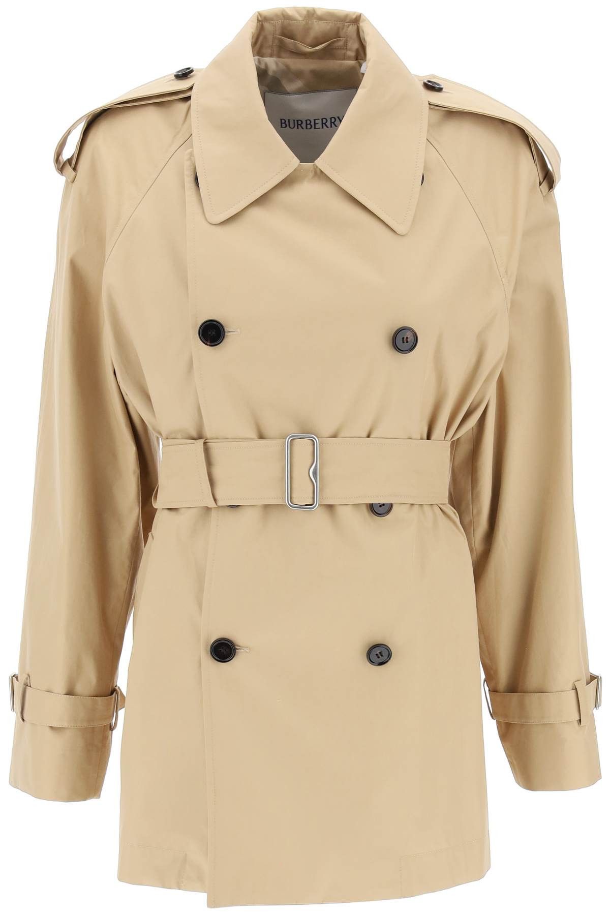 image of Burberry Double-Breasted Midi Trench Coat in Flax, Women's (Size XS)