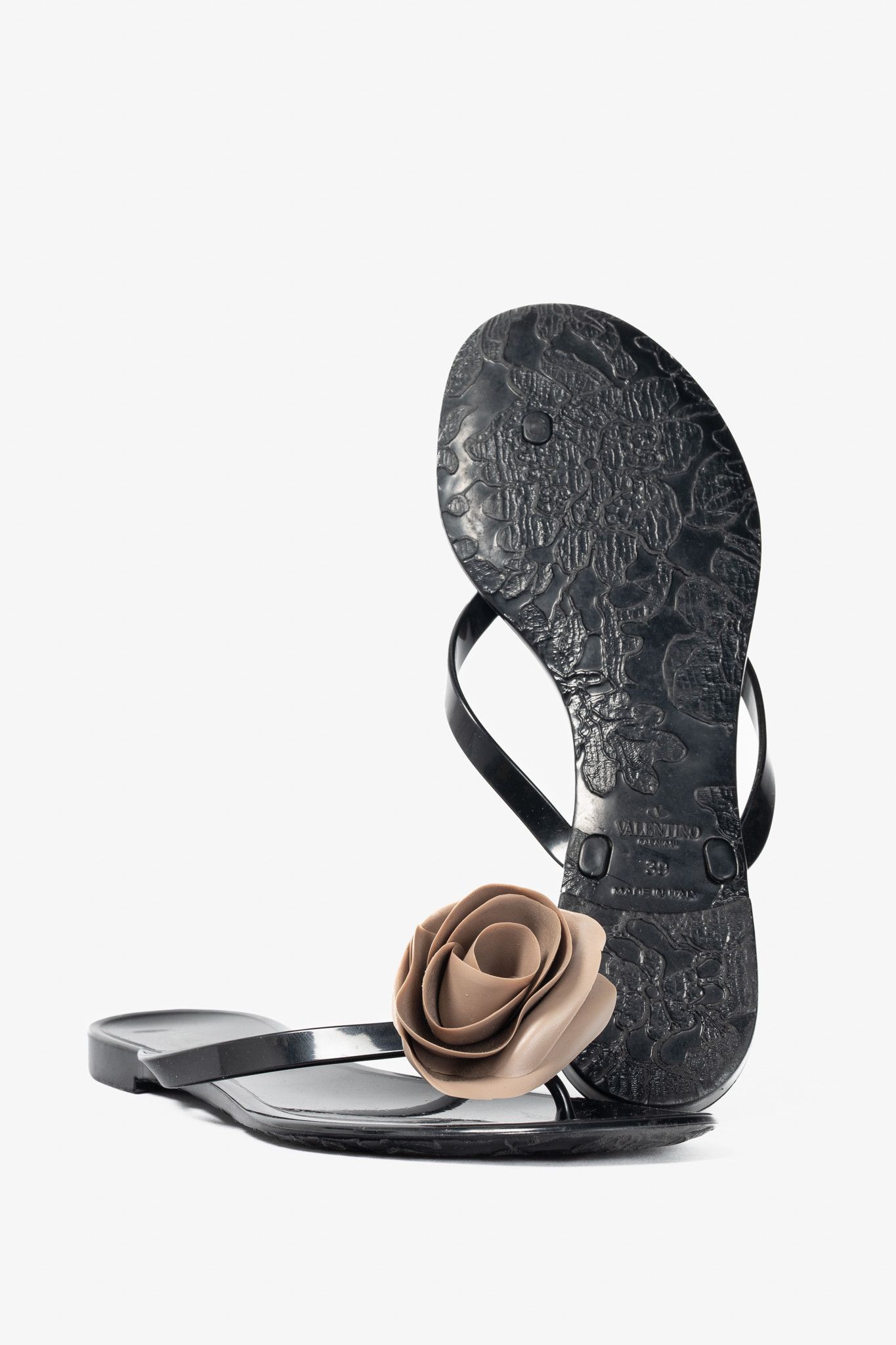 Valentino Garavani Black Rose Jelly Thong Sandals