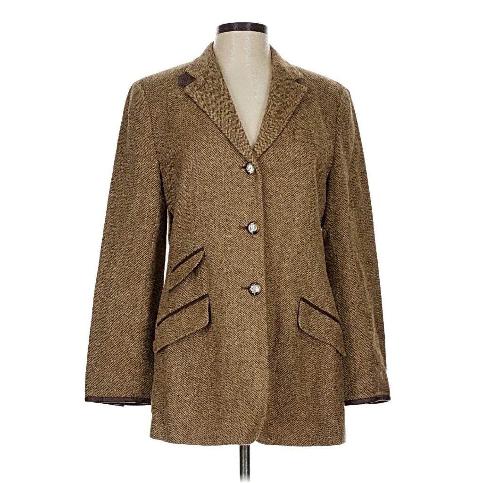 Ralph Lauren Tweed Houndstooth Leather Trim Blazer Jacket 12