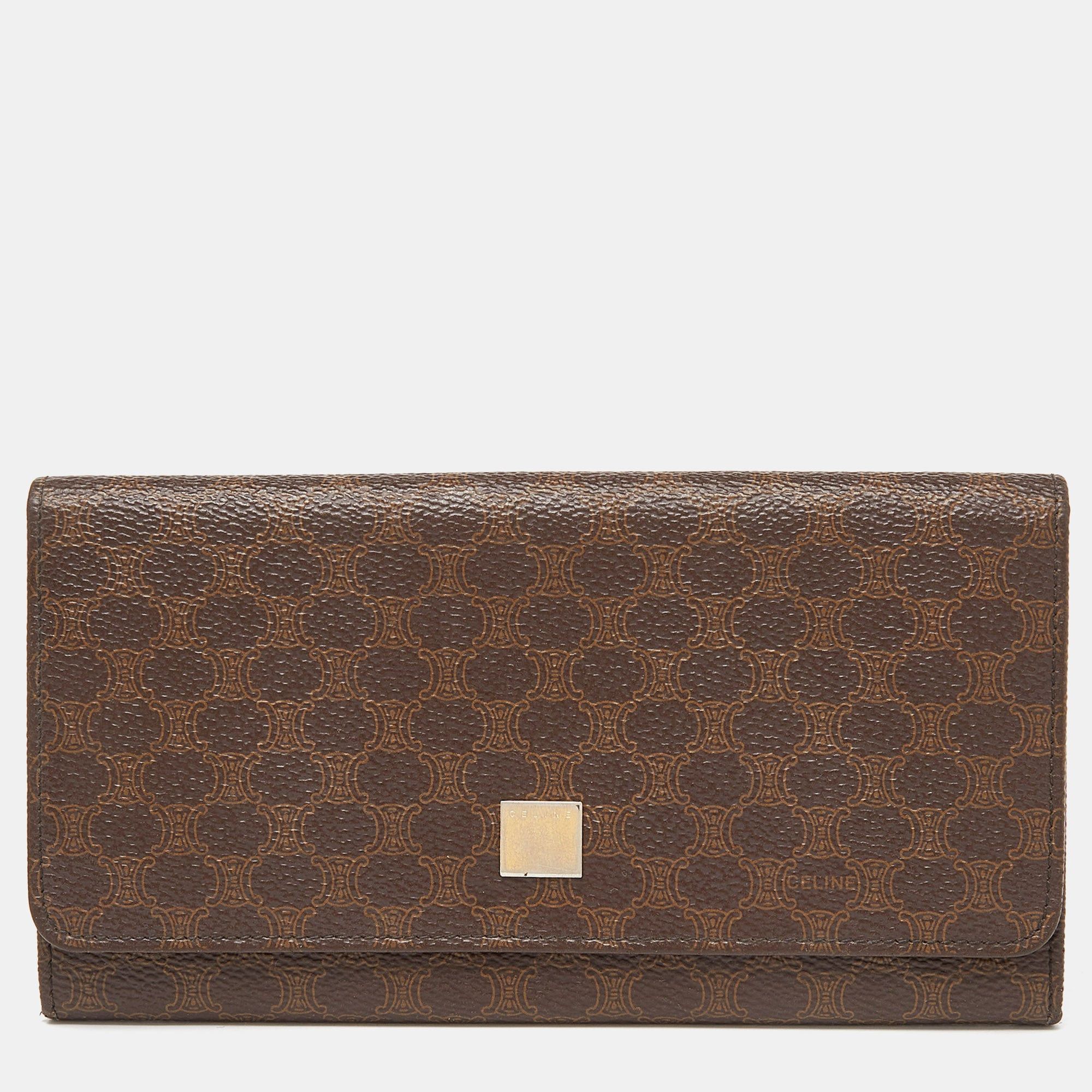 image of Celine Brown Macadam Coated Canvas And Leather Continental Wallet, Women's