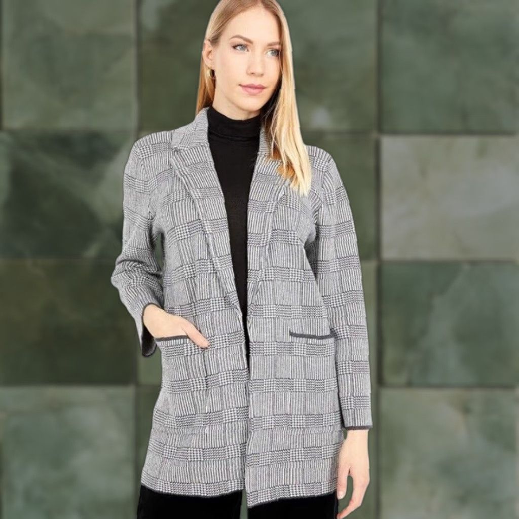 J.Crew J. Crew Sophie Open-Front Sweater Knit Blazer Glen Plaid Blazer Size S Grey Knit City Preppy Womens Size S / US 4 / IT 40 - 1 Thumbnail