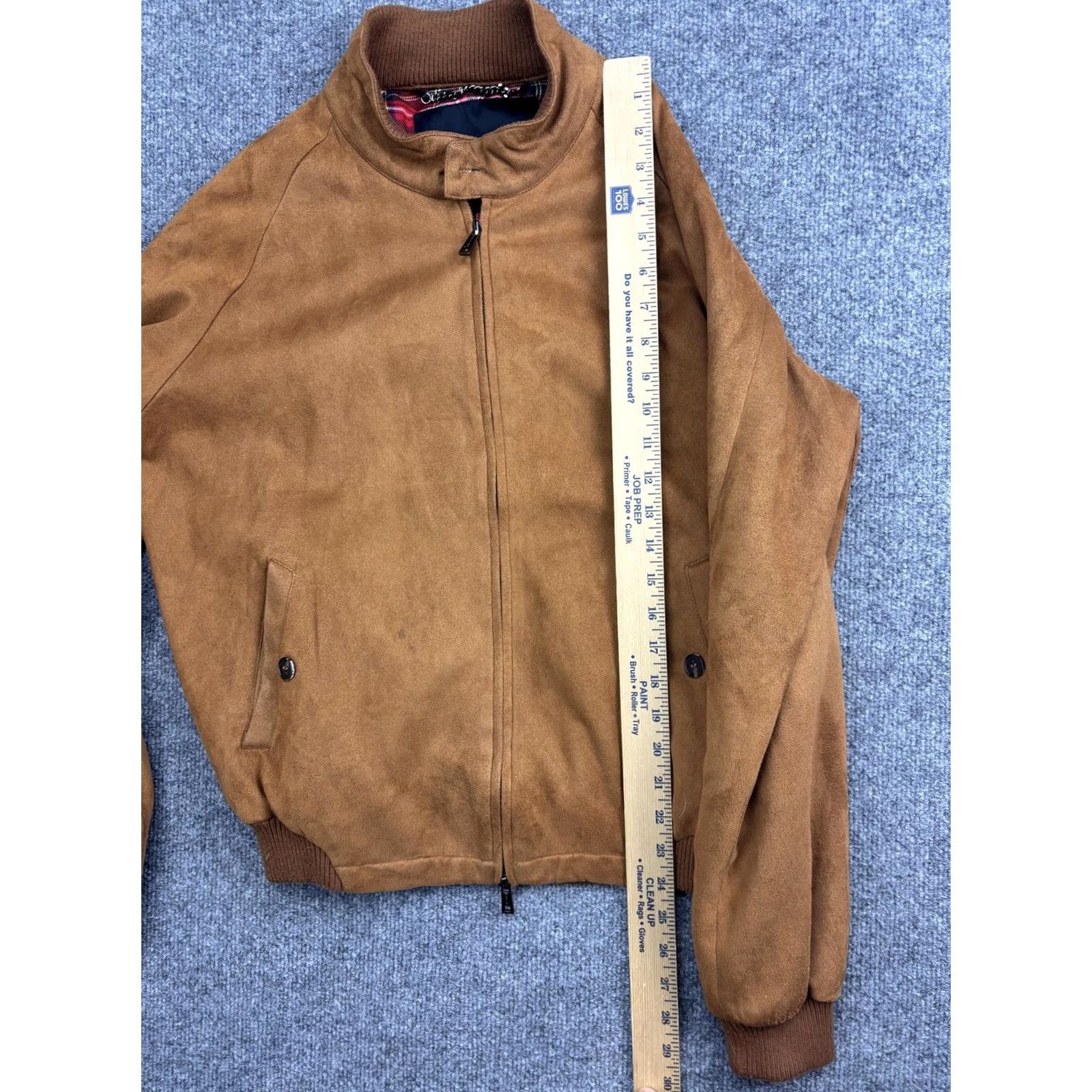Vintage PHIX Jacket Mens Large Brown Faux Suede Bomber Full Zip Lined Plaid Trim Ribbed Collar Pockets Size US L / EU 52-54 / 3 - 4 Thumbnail