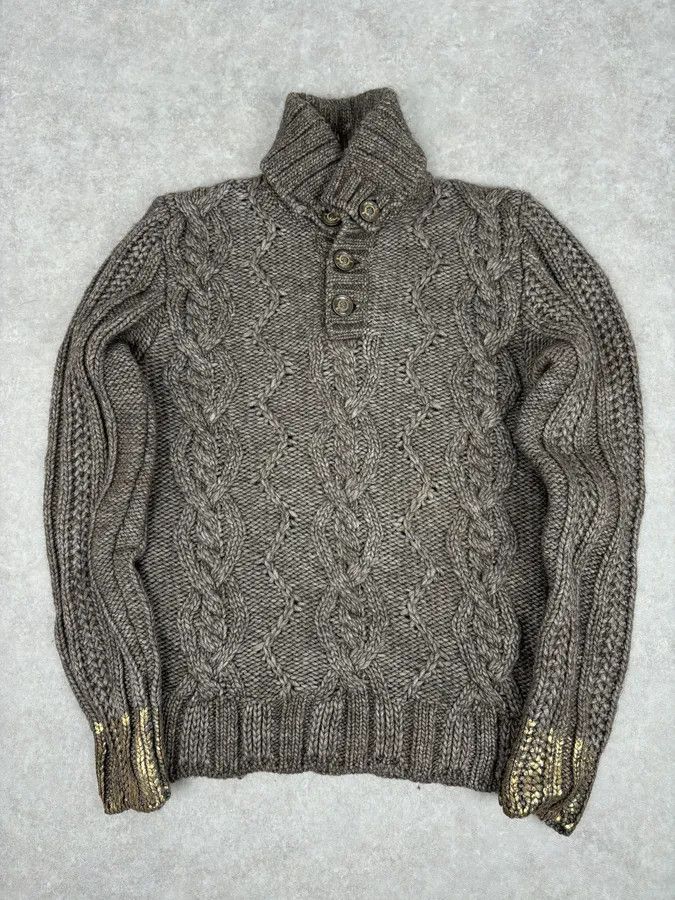 Roberto Cavalli AW2007 Cavalli Grey Wool Cable Knit Logo Buttoned Sweater Size US M / EU 48-50 / 2 - 1 Thumbnail