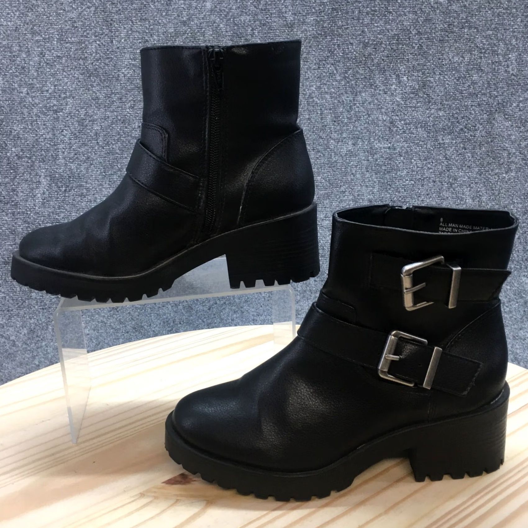 Vintage Universal Thread Boots Women Ankle Booties Zipper Black Faux Leather Buckle Heel Mid 2-2.9in Size 6 Size US 6 / IT 36 - 2 Thumbnail