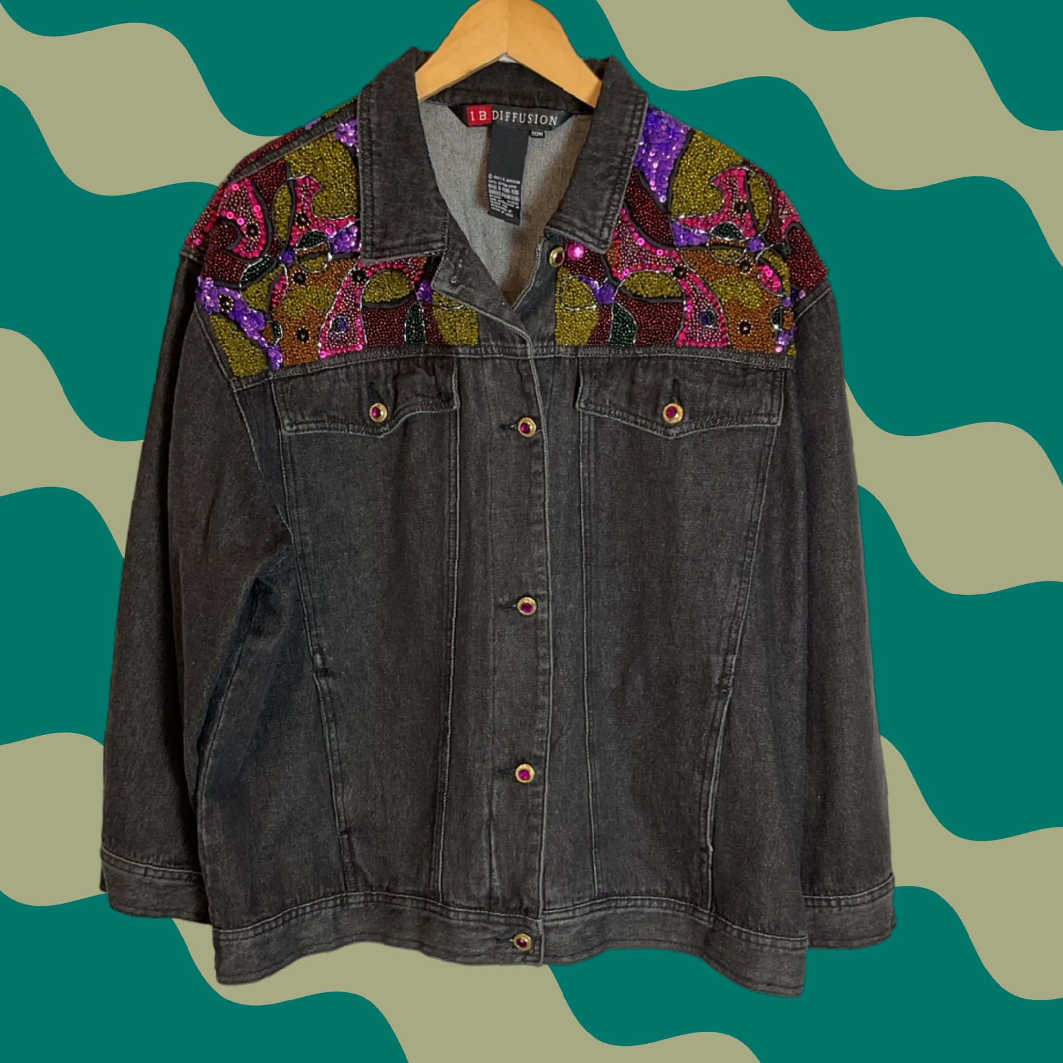 Denime VINTAGE IB Diffusion Denim Jacket Beaded Sequined Western Boho ...