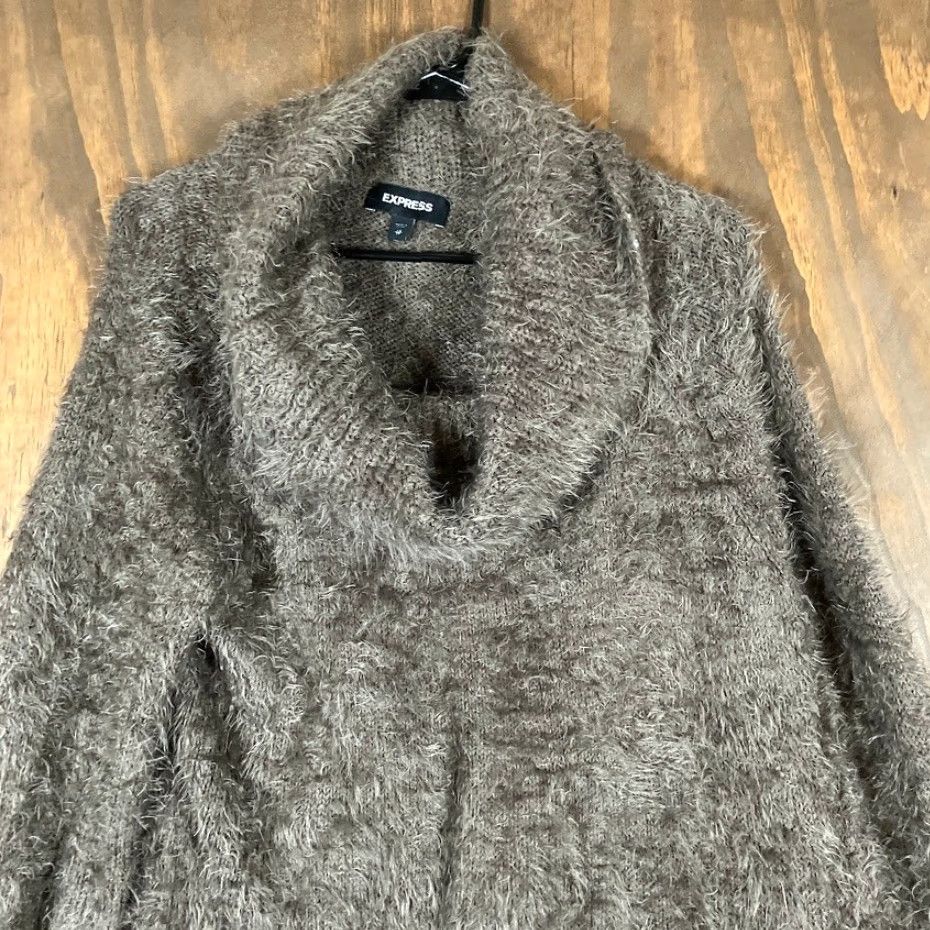 Express Express Sweater Brown Cowl Neck Long Sleeve XS Women's Fluffy Knit Pullover Size XS / US 0-2 / IT 36-38 - 2 Thumbnail