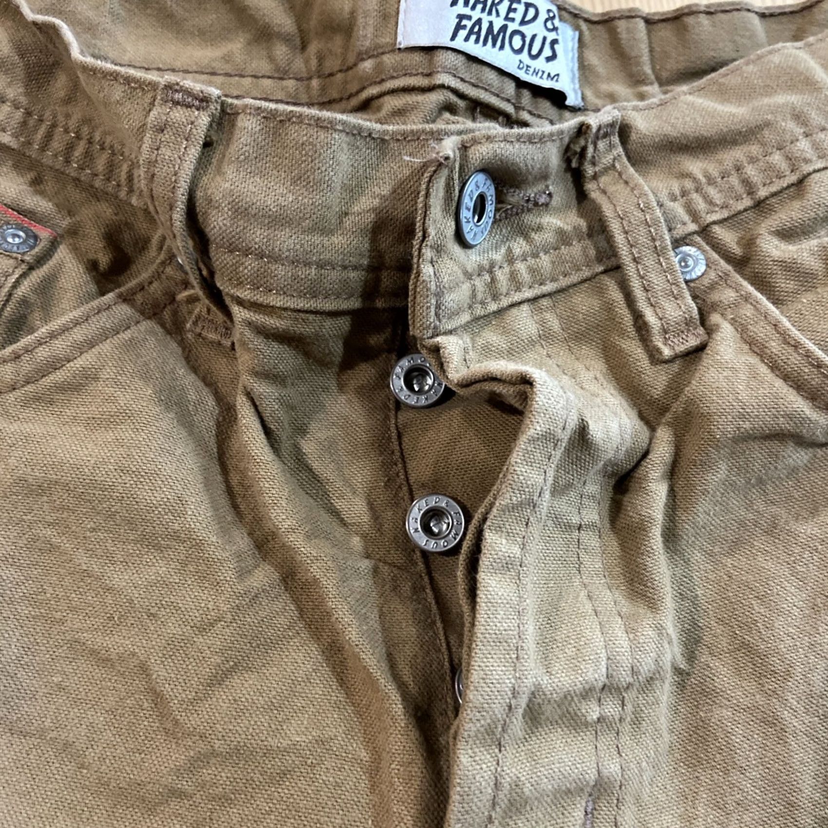 Vintage Naked & Famous Denim Jeans 30x28 Tan Selvedge Button Fly Straight 5-Pocket Denim Dark Cotton Blend Regular Mens Brown City Preppy 2000s? Size US 30 / EU 46 - 4 Thumbnail