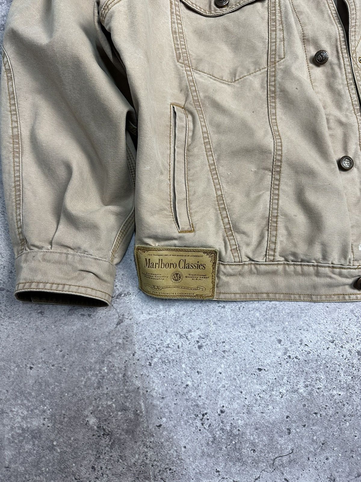 Vintage Vintage Marlboro Boxy Denim Jacket Beige Distressed Rare Size US XL / EU 56 / 4 - 11 Thumbnail