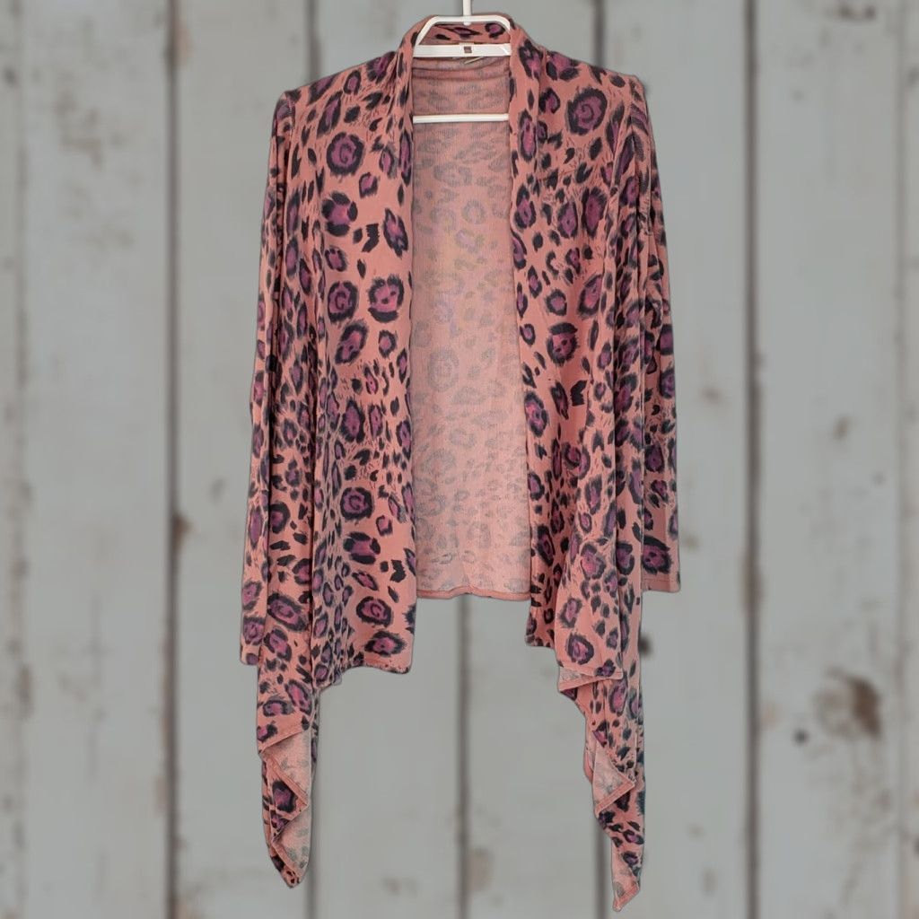Boston Proper Boston Proper Open Front Sweater Cardigan XS Women Pink Leopard Asymmetrical Hem Long Sleeve Open Front Knit Shirt Size XS / US 0-2 / IT 36-38 - 1 Thumbnail