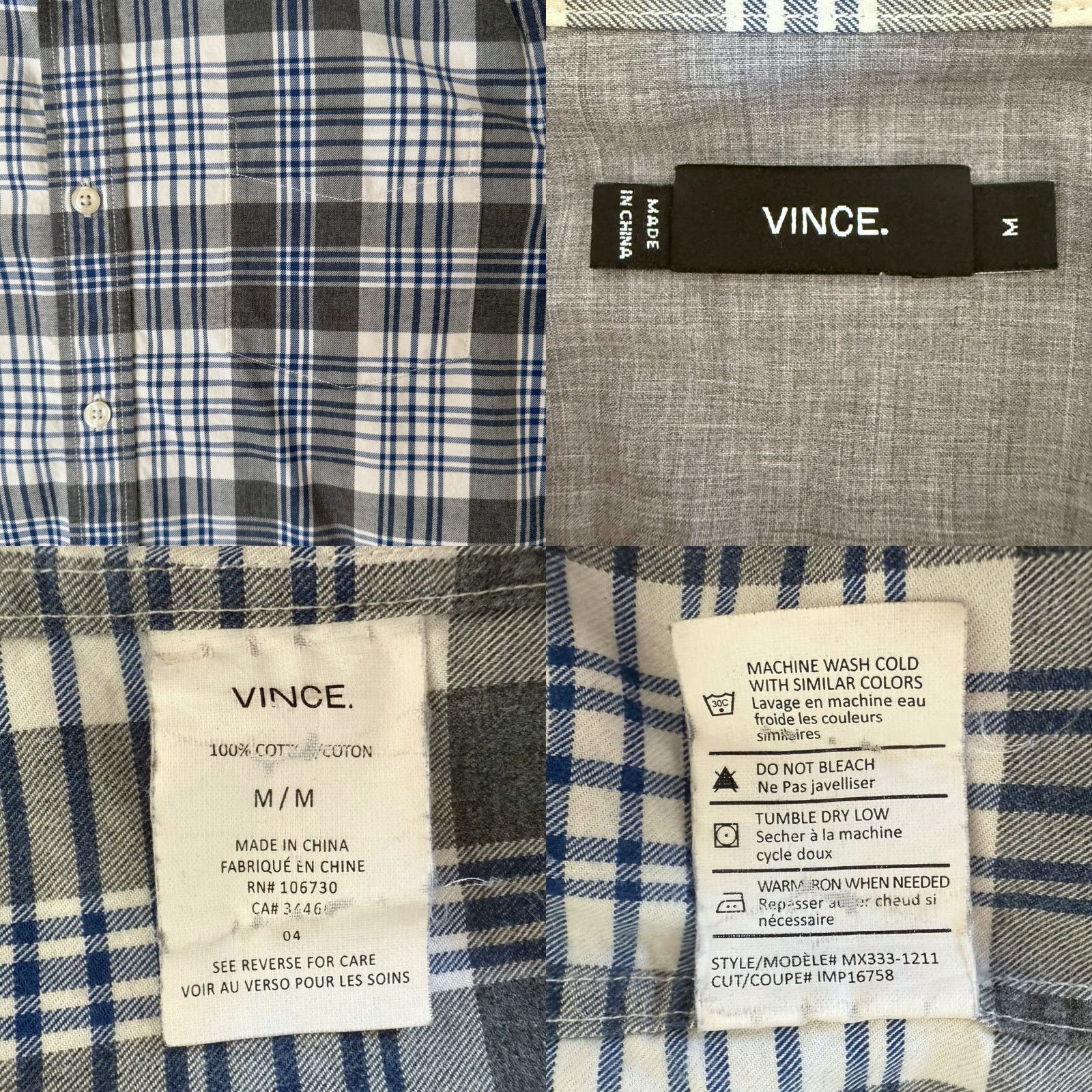 Vince Vince Button-Up Long-Sleeve Plaid Flannel Shirt Gray & Blue Men's M Size Cotton Size US M / EU 48-50 / 2 - 8 Thumbnail