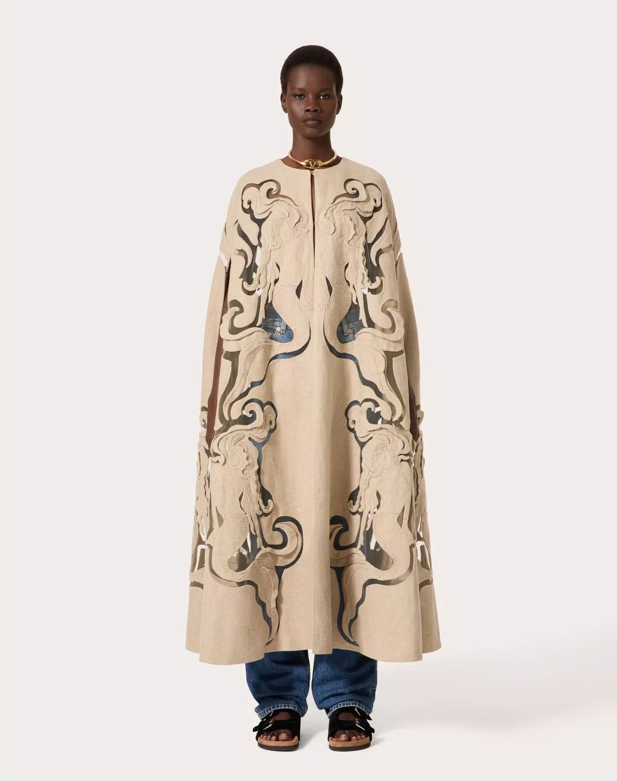 Valentino o1s1wg110426 Embroidered Linen Canvas Cape in Beige Size M / US 6-8 / IT 42-44 - 5 Thumbnail