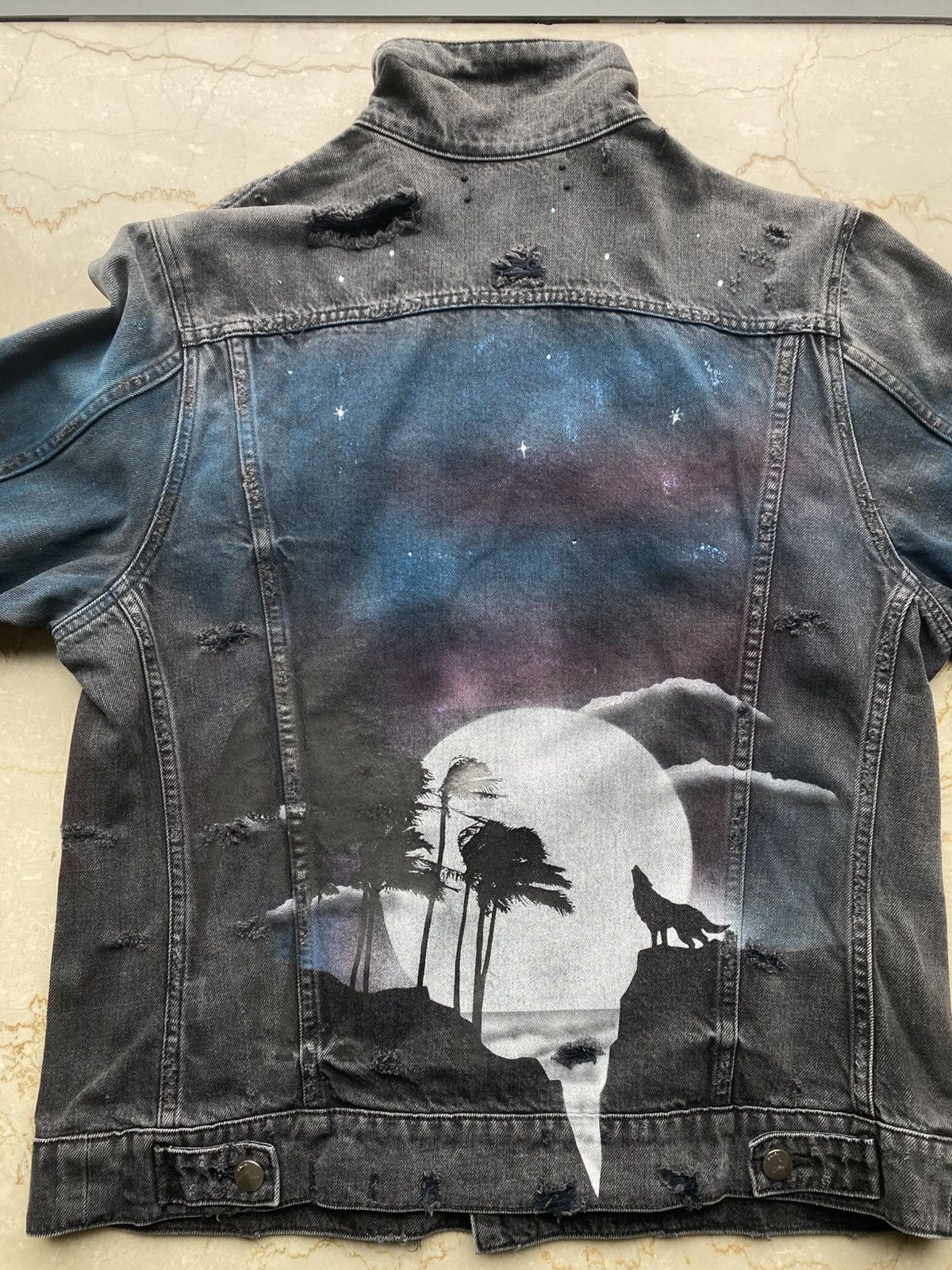 Amiri AMIRI 18AW Starry Night Moon Wolf Destroyed Denim Jacket Size US XL / EU 56 / 4 - 8 Thumbnail