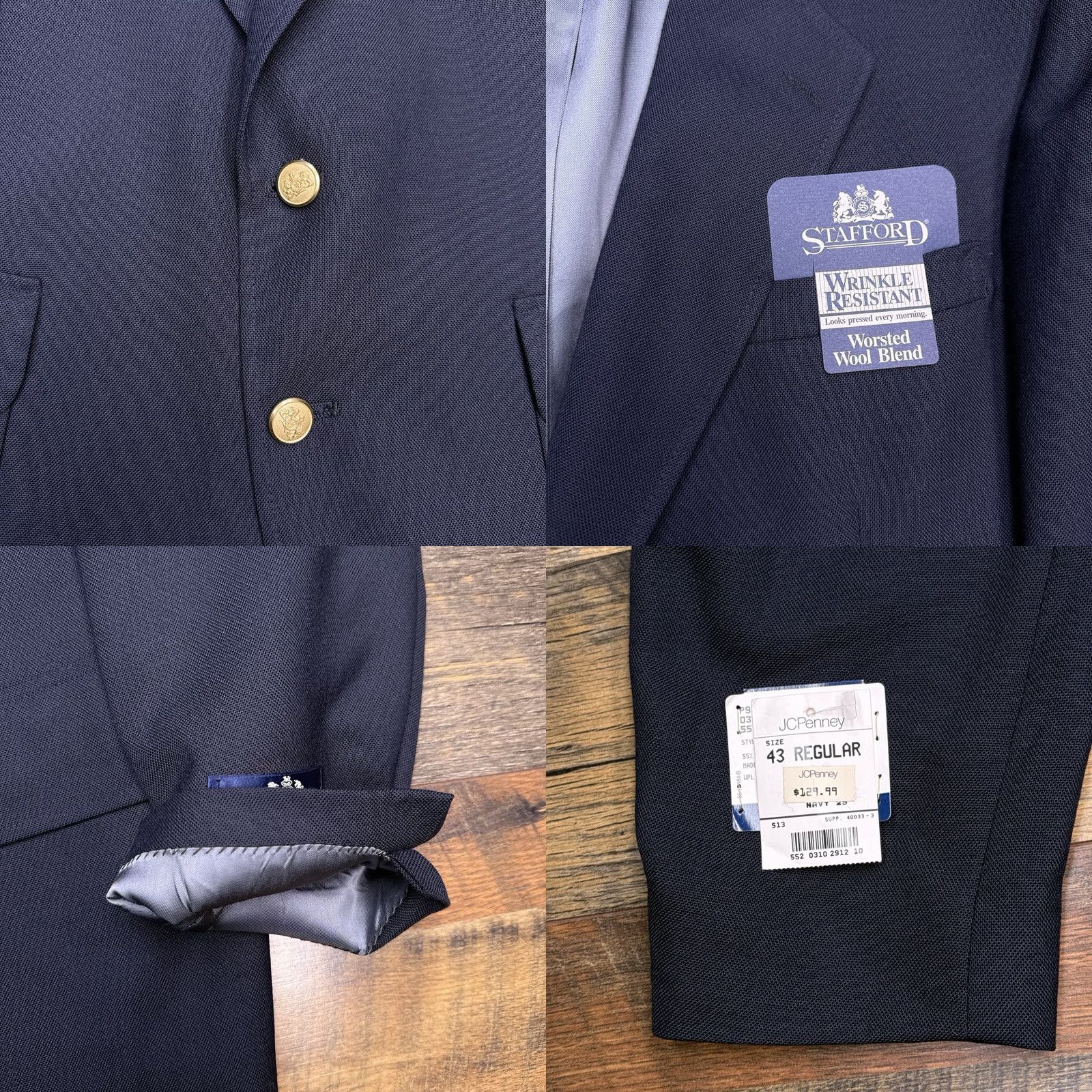 Stafford Stafford Blazer 43R Navy Wool Polyester Notch Lapel 4-Button Single-Breasted Sport Coat Men Regular Vintage No Size 46R - 8 Thumbnail
