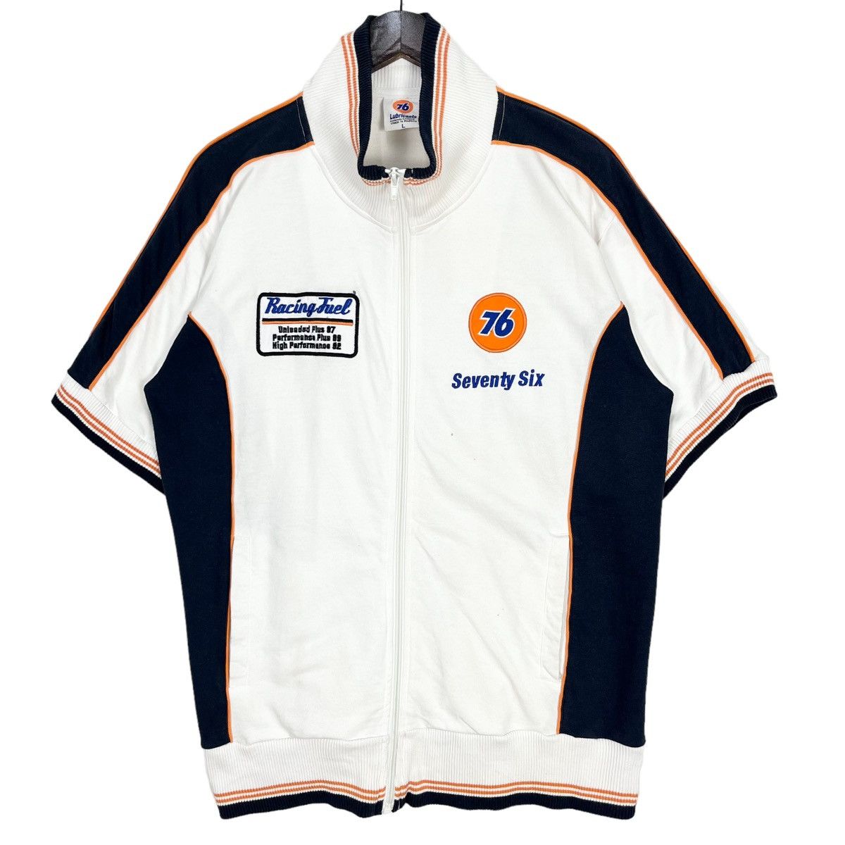 image of Seventy Six 76 Racing Fuel Embroidery Patches Zipper Jacket in White, Men's (Size Small)