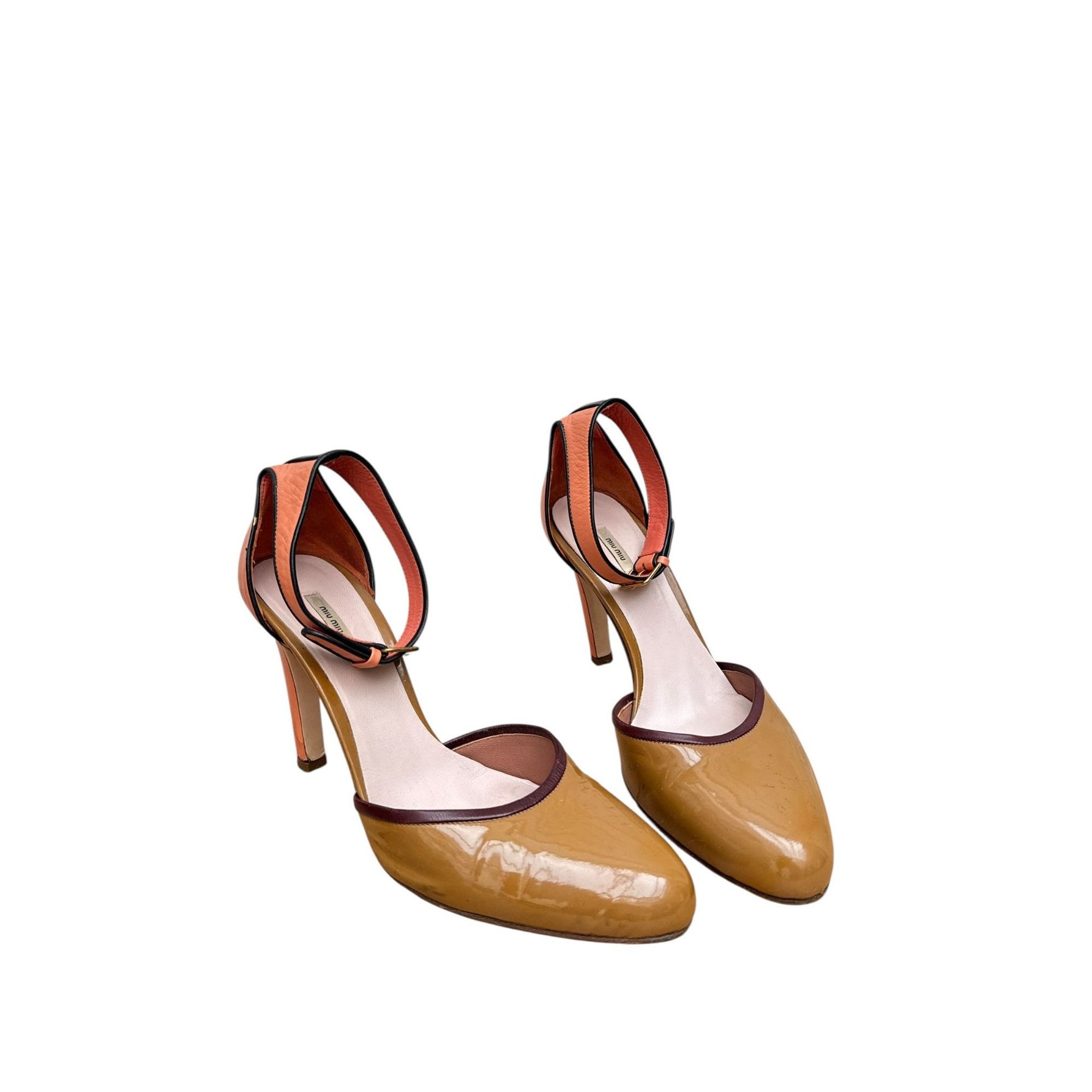 Miu Miu Brown / Pink Patent Leather Ankle Strap Heels Size US 9 / IT 39 - 1 Thumbnail
