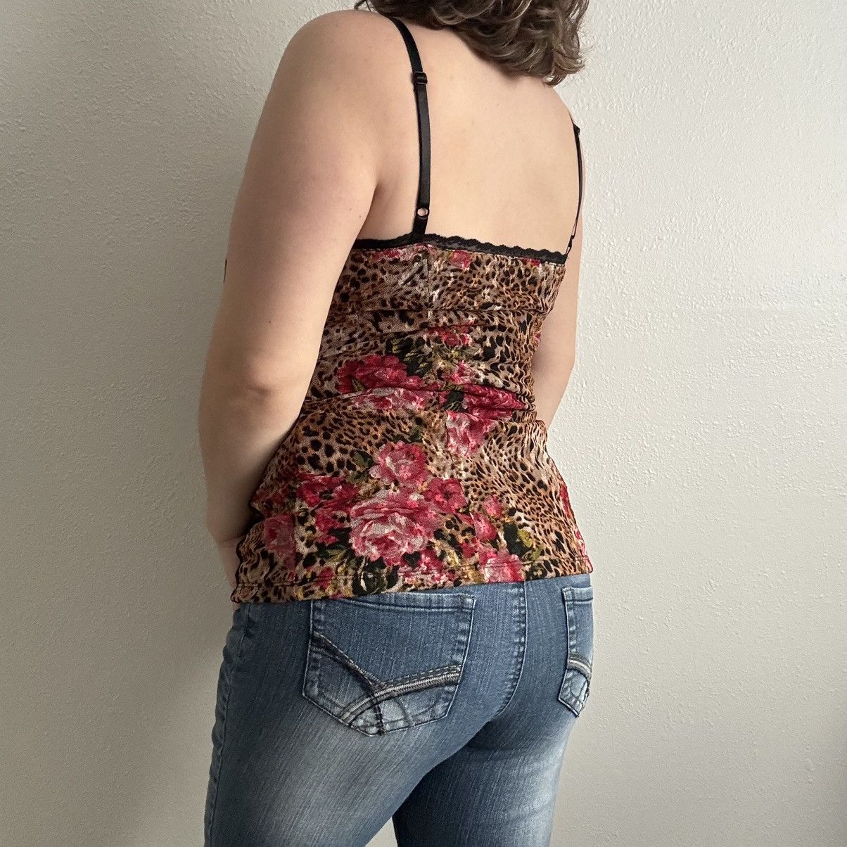 Other Vintage Y2K Tan Pink Leopard Rose Corset Mesh Cami Tank Top Size L / US 10 / IT 46 - 2 Thumbnail