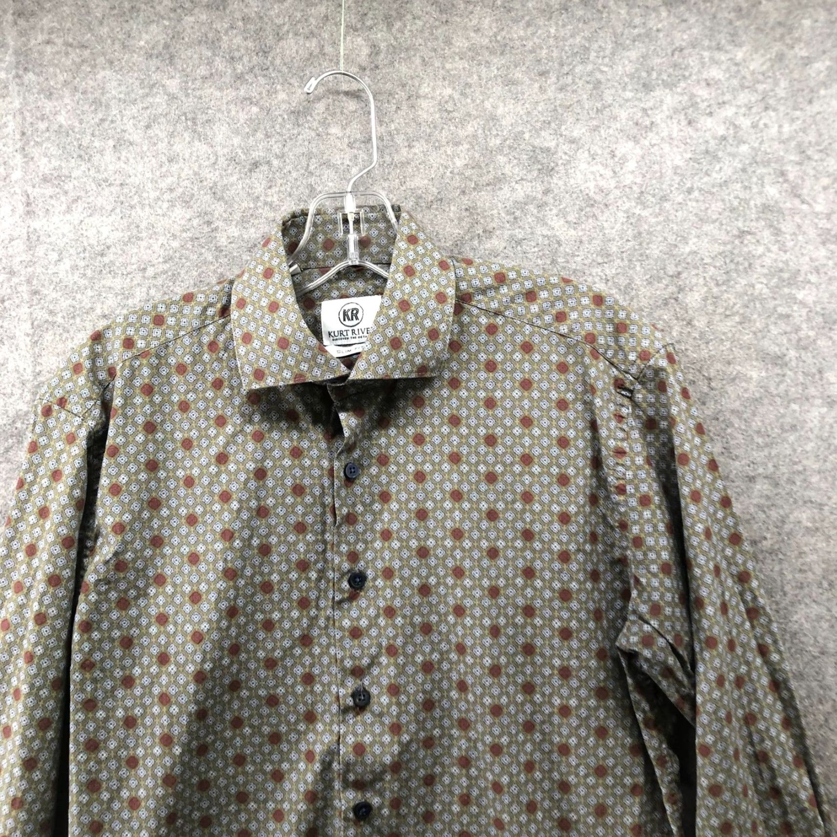 Olive Kurt River Long Sleeve Shirt Mens S Slim Fit Olive Green Burgundy Geo Print Shirt (Geometric) Button-Up Collared-Down Vintage? No — exclude. Size US S / EU 44-46 / 1 - 3 Thumbnail