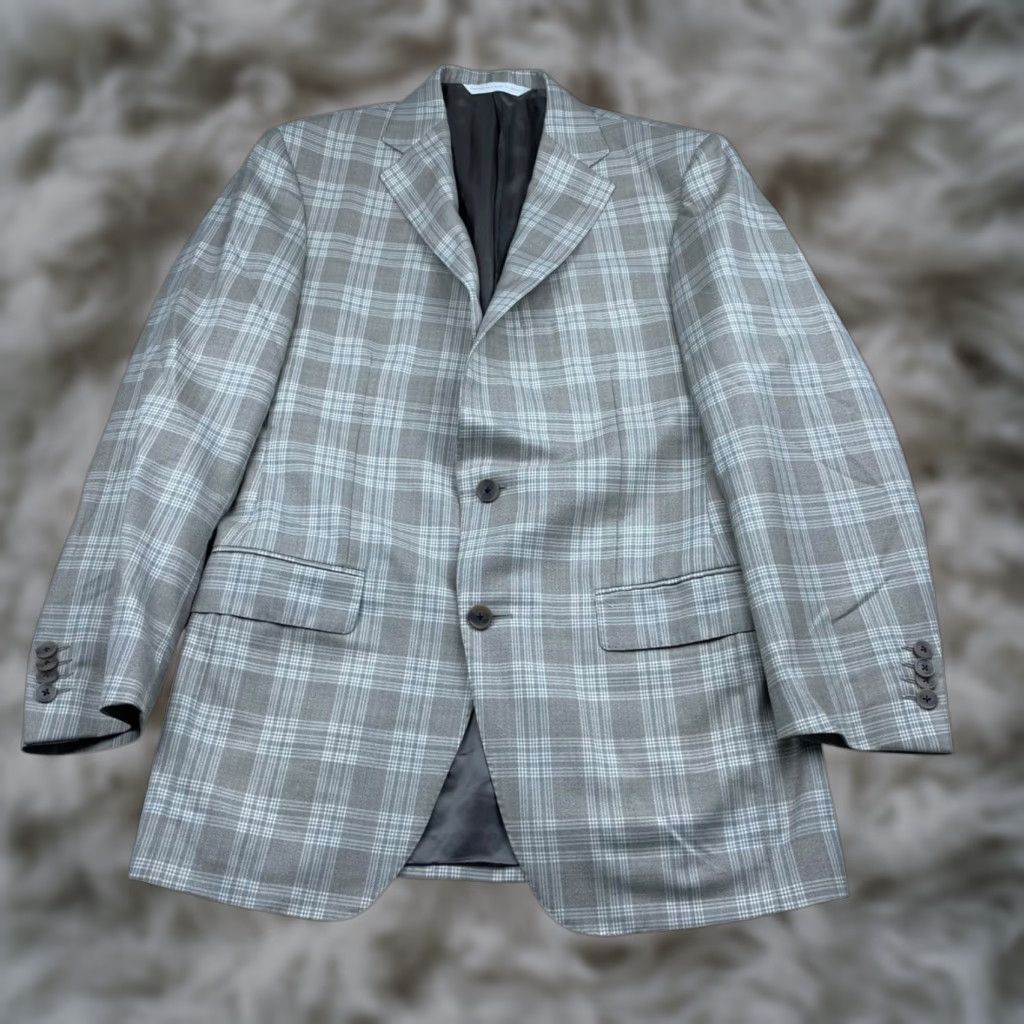 Vintage Samuelsohn Men’s Bespoke Blazer Jacket Beige/Gray Plaid 2-Button Front 38R Wool Super 120’s Canada Vintage No Size 38R - 1 Thumbnail