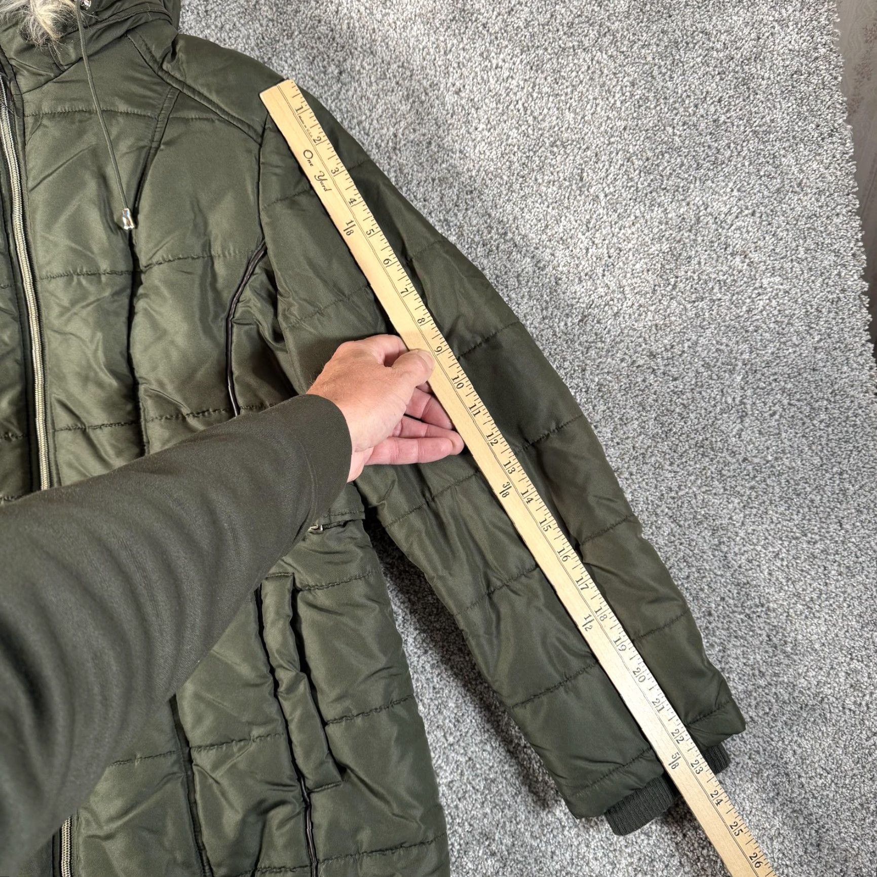 Vintage d.e.t.a.i.l.s INTL Jacket Womens Large Green Puffer Quilted Parka Faux Fur Hood Zipper Insulated Size L / US 10 / IT 46 - 4 Thumbnail