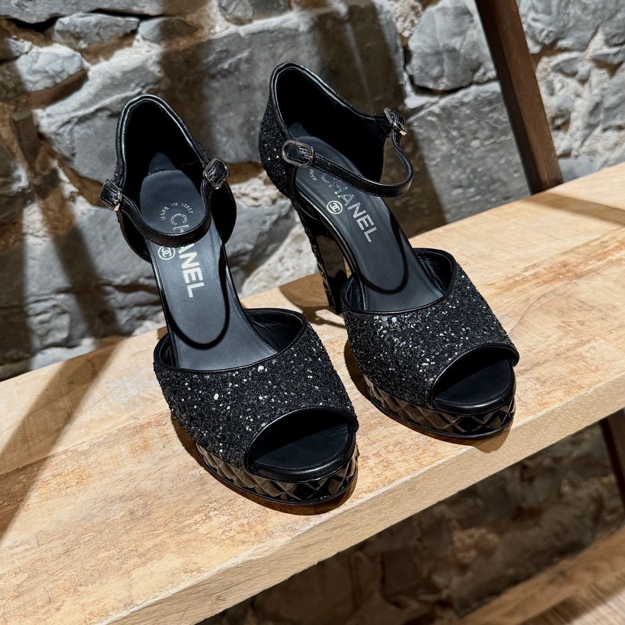 Chanel Chanel 2021 Black Glitter Platform Peep Toe Pumps Size US 8.5 / IT 38.5 - 3 Thumbnail
