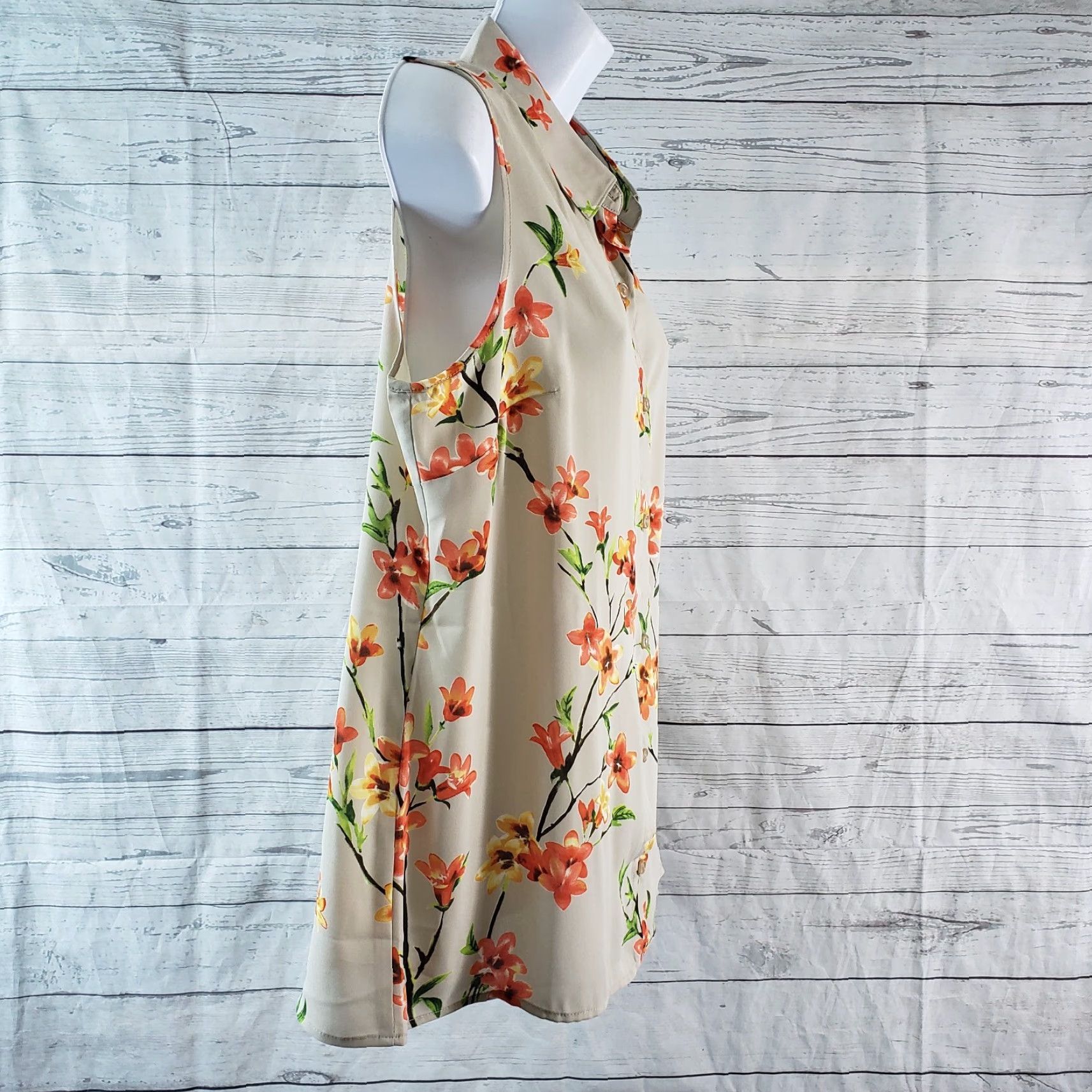 Vintage Susan Graver Womens Button Front Shirt Sz 10 Beige Orange Floral Sleeveless Blouse Size L / US 10 / IT 46 - 3 Thumbnail