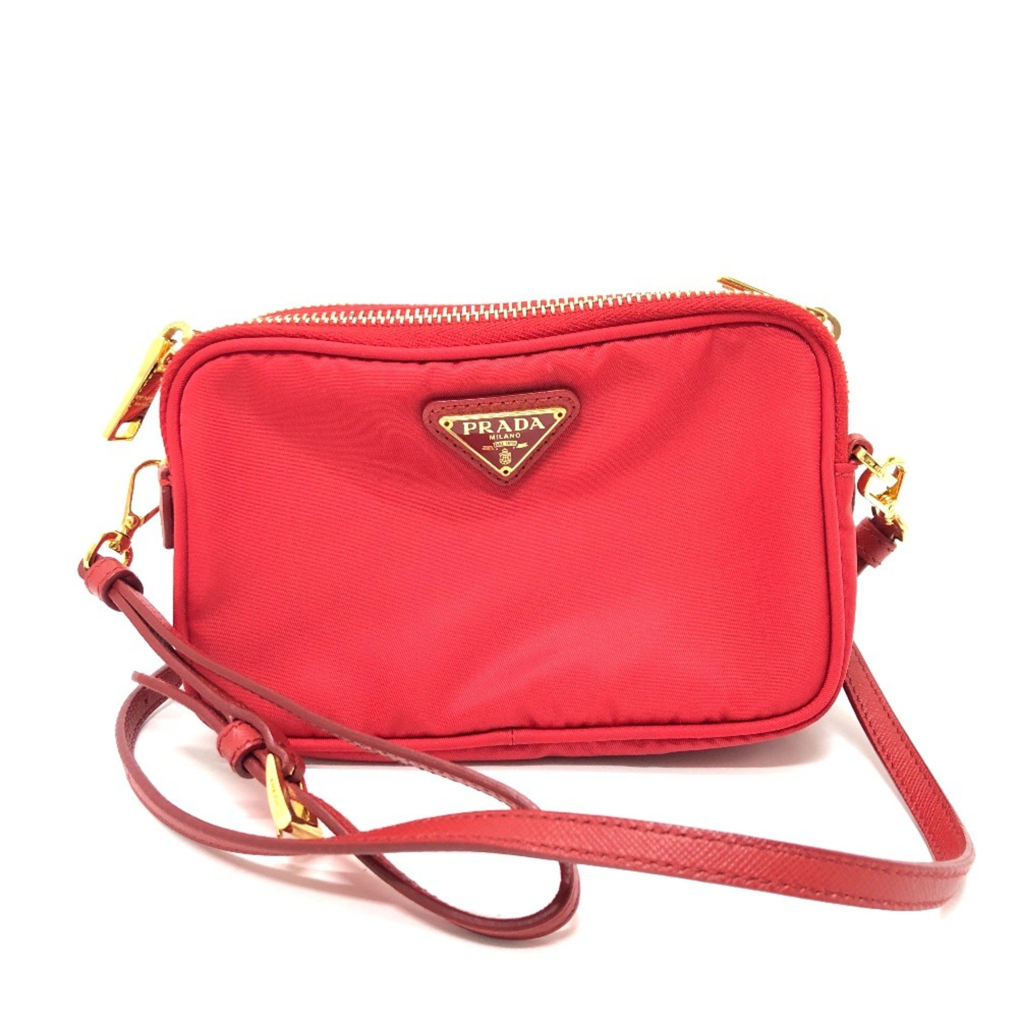 Prada PRADA triangle logo triangle logo plate Crossbody Pochette Shoulder Bag Red Size ONE SIZE - 1 Thumbnail