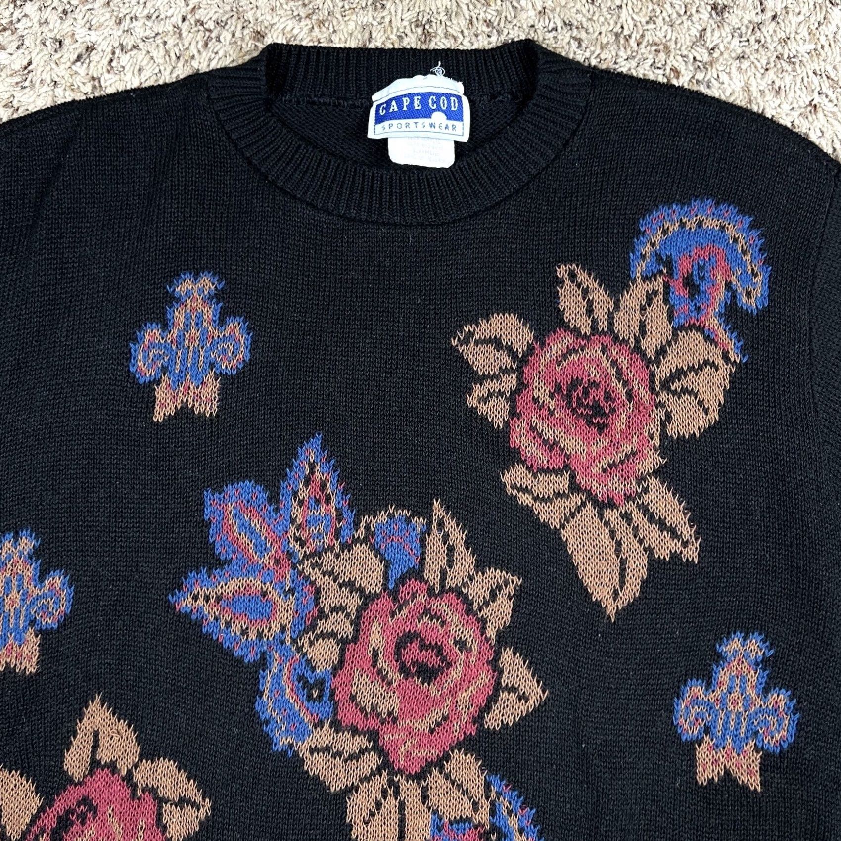 Vintage VINTAGE Cape Cod Stylish Floral Black Knit Sweater Womens L Sweater Crew Neck Short Sleeve 90s USA Floral Cap e Cod Womens Large Size L / US 10 / IT 46 - 4 Thumbnail