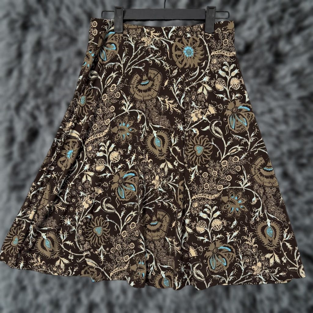 Vintage Attention Skirt Womens XS Brown Floral Jersey Knit A-Line Knee Length Elastic Pull-On Waist Boho 90s? (style: Grunge Whimsigoth) Size 26" / US 2 / IT 38 - 1 Thumbnail