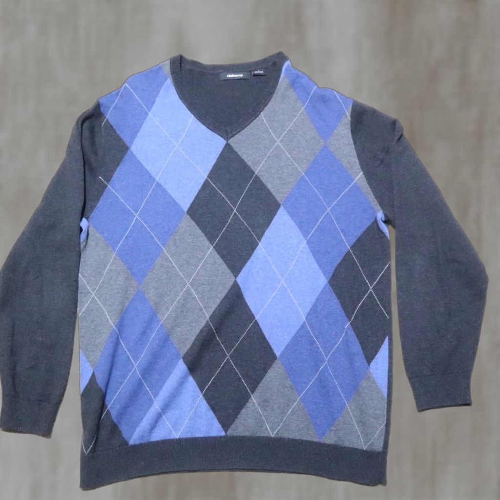 Liz Claiborne Liz Claiborne Sweater V-Neck Long Sleeve Women's Size L Gray Blue Checked Pullover Knit Modern Classic 60s 70s Holiday Womens Size L / US 10 / IT 46 - 1 Thumbnail