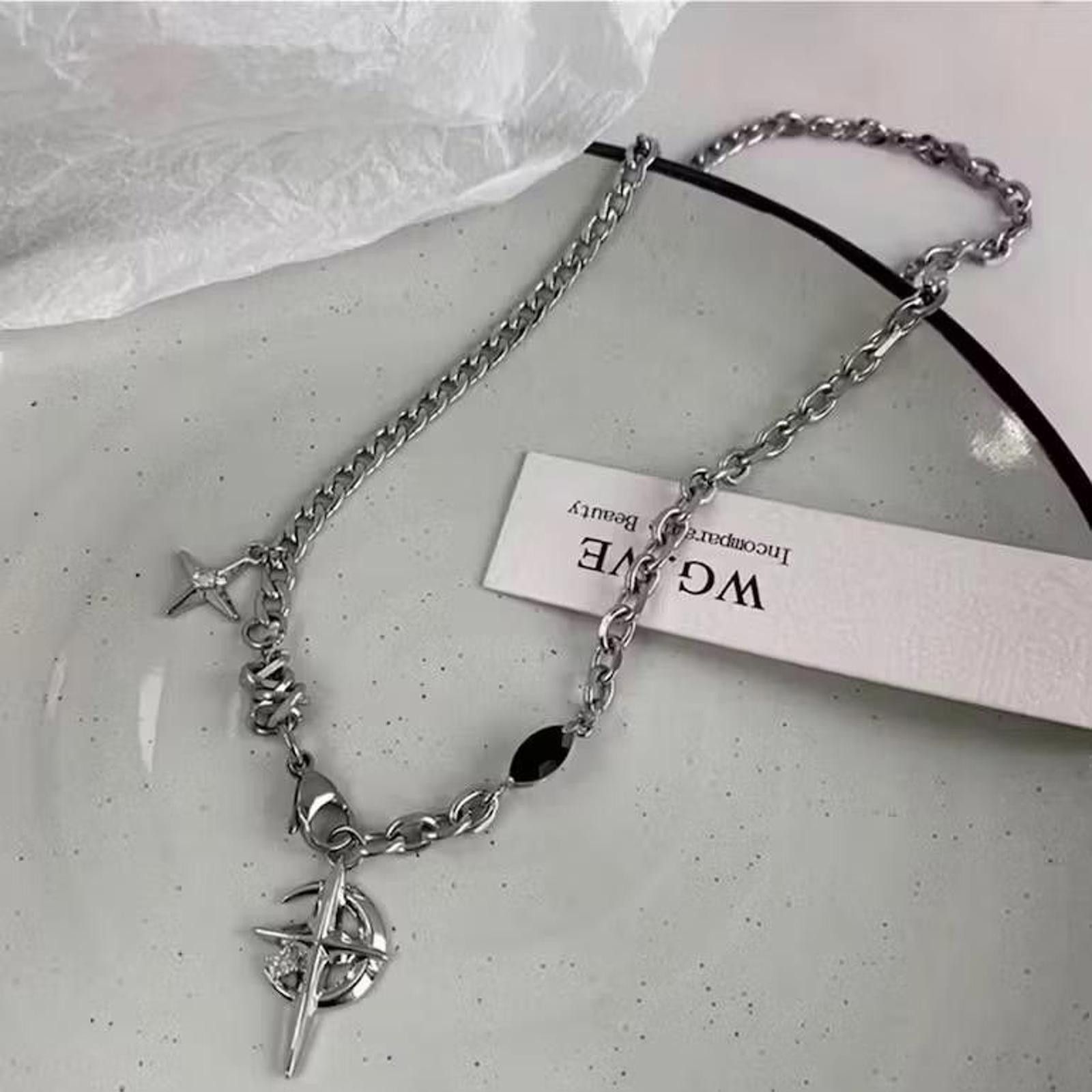 Jewelry Cross Chrome Crescent Moon Chain Silver Goth Vibe Necklace Size ONE SIZE - 3 Thumbnail