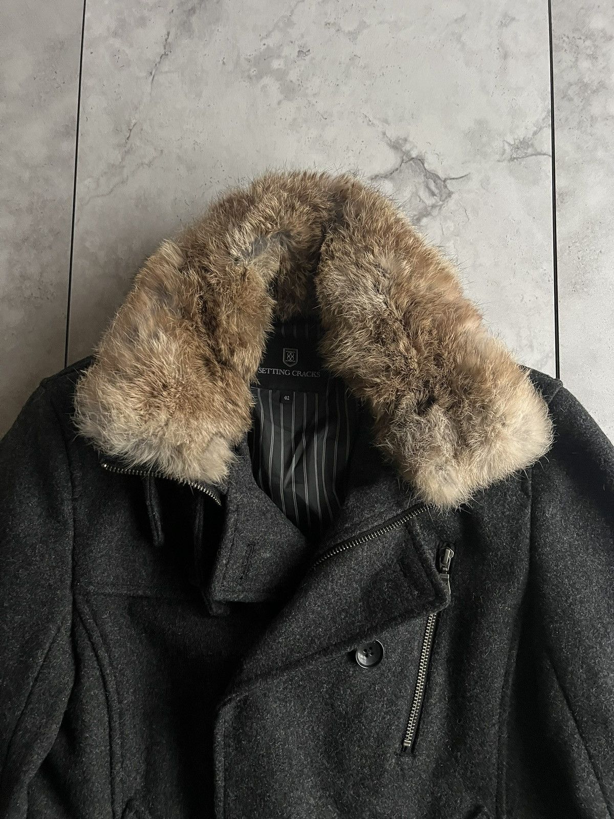 Japanese Brand Setting Cracks Rabbit Fur Collar Pea Coat Size US M / EU 48-50 / 2 - 3 Thumbnail