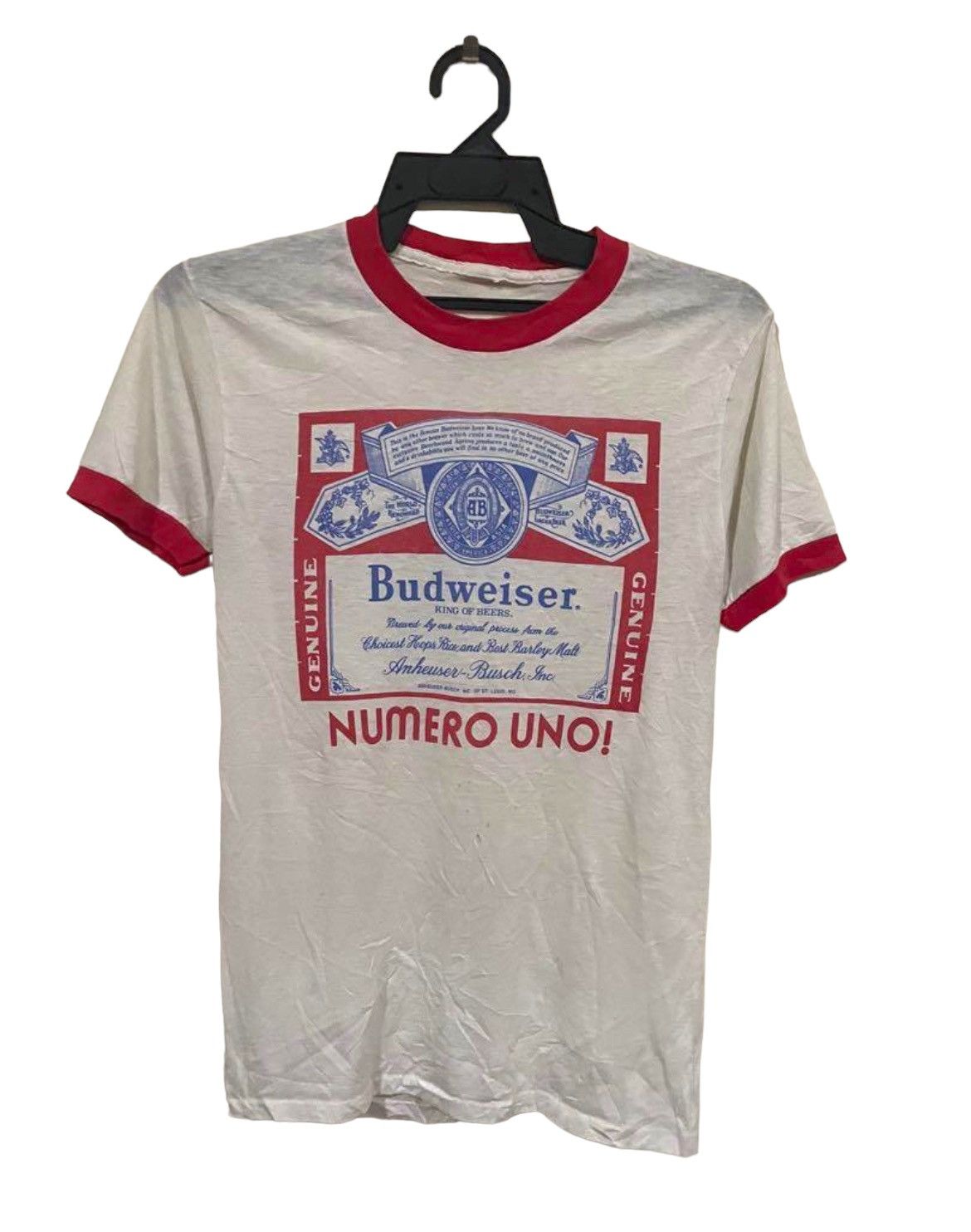 image of Budweiser 70's True Vintage Numero Uno Paper Thin Ringer Tee in White, Men's (Size XS)