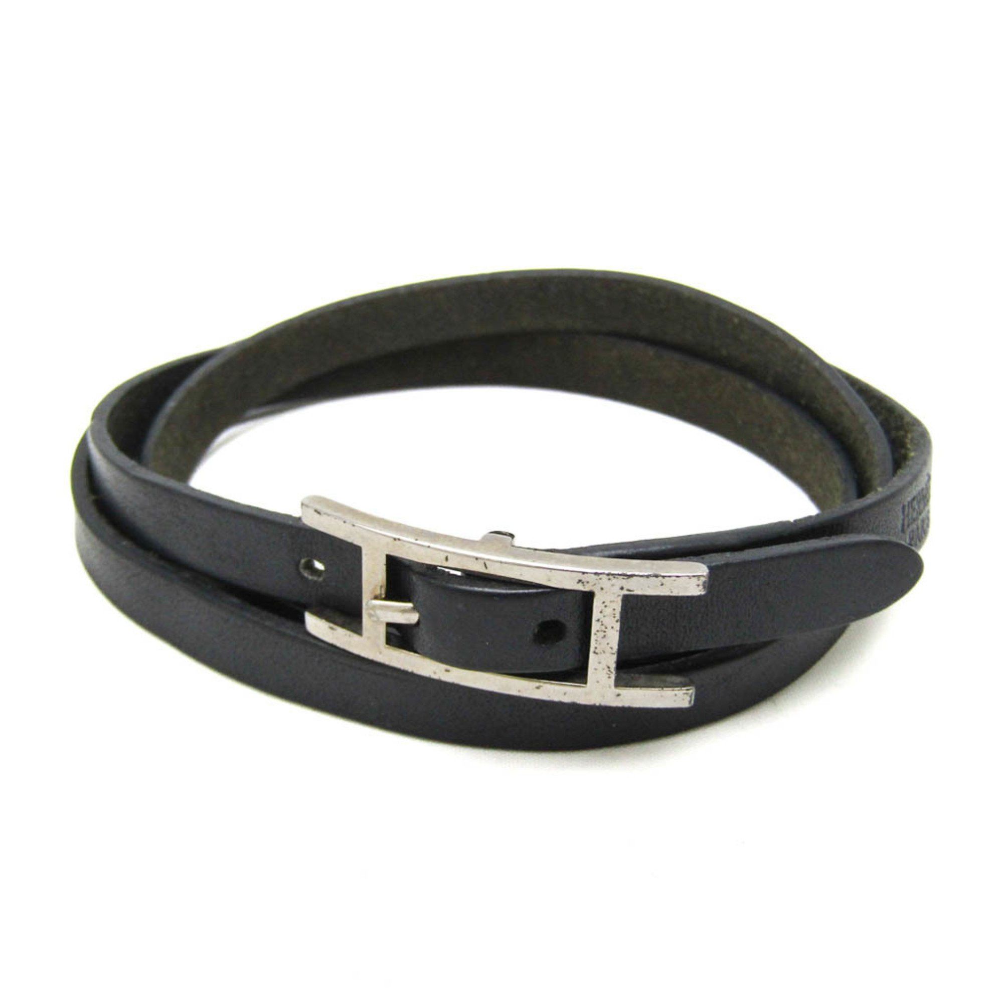 Hermes Hapi Triple Bracelet Choker LeatherMetal No Stone Bangle BlackSilver