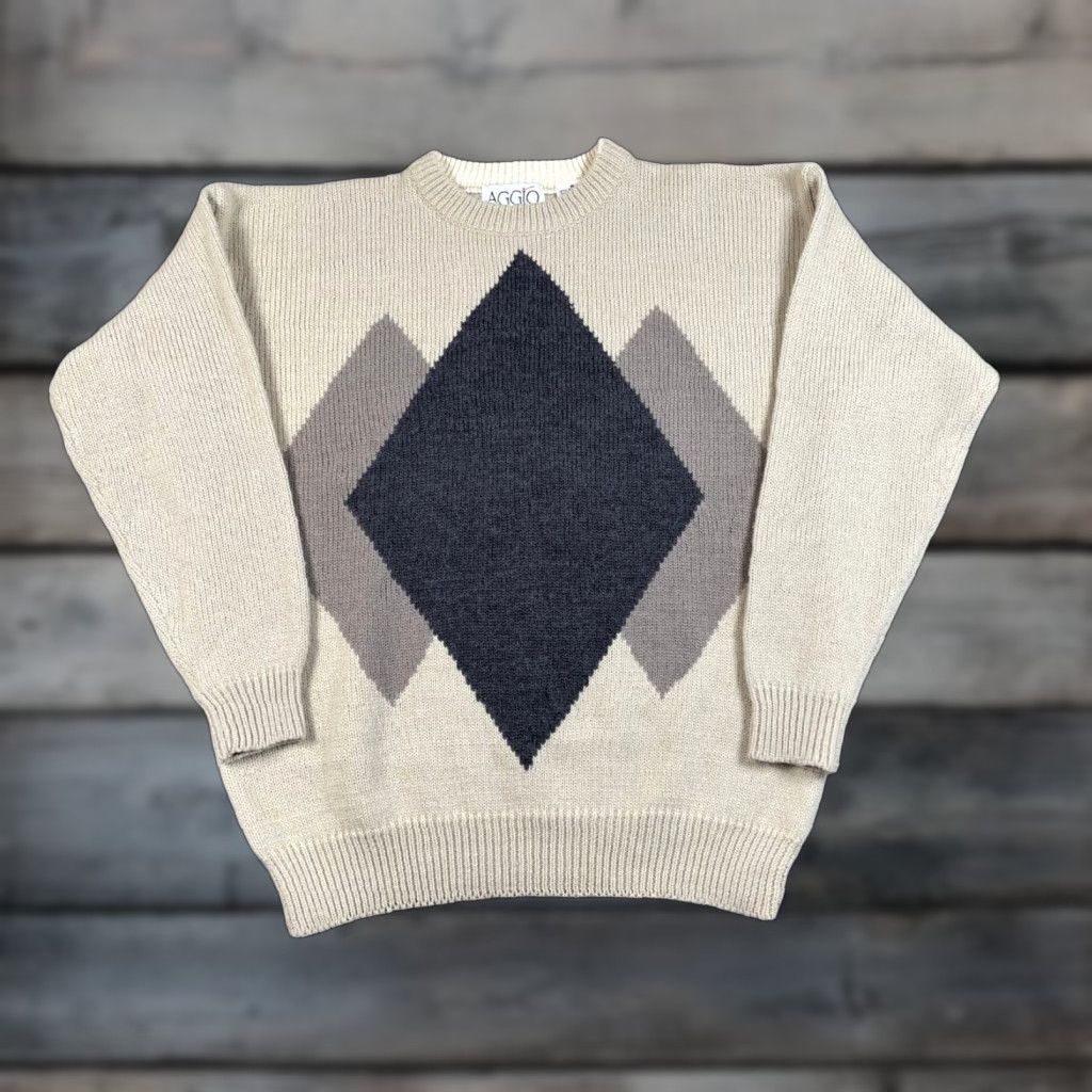 Vintage VINTAGE Argyle Sweater Adult Medium Beige Wool Acrylic Knit Aggio Pattern 90s Preppy Retro Casual Pullover Mens Size US M / EU 48-50 / 2 - 1 Thumbnail