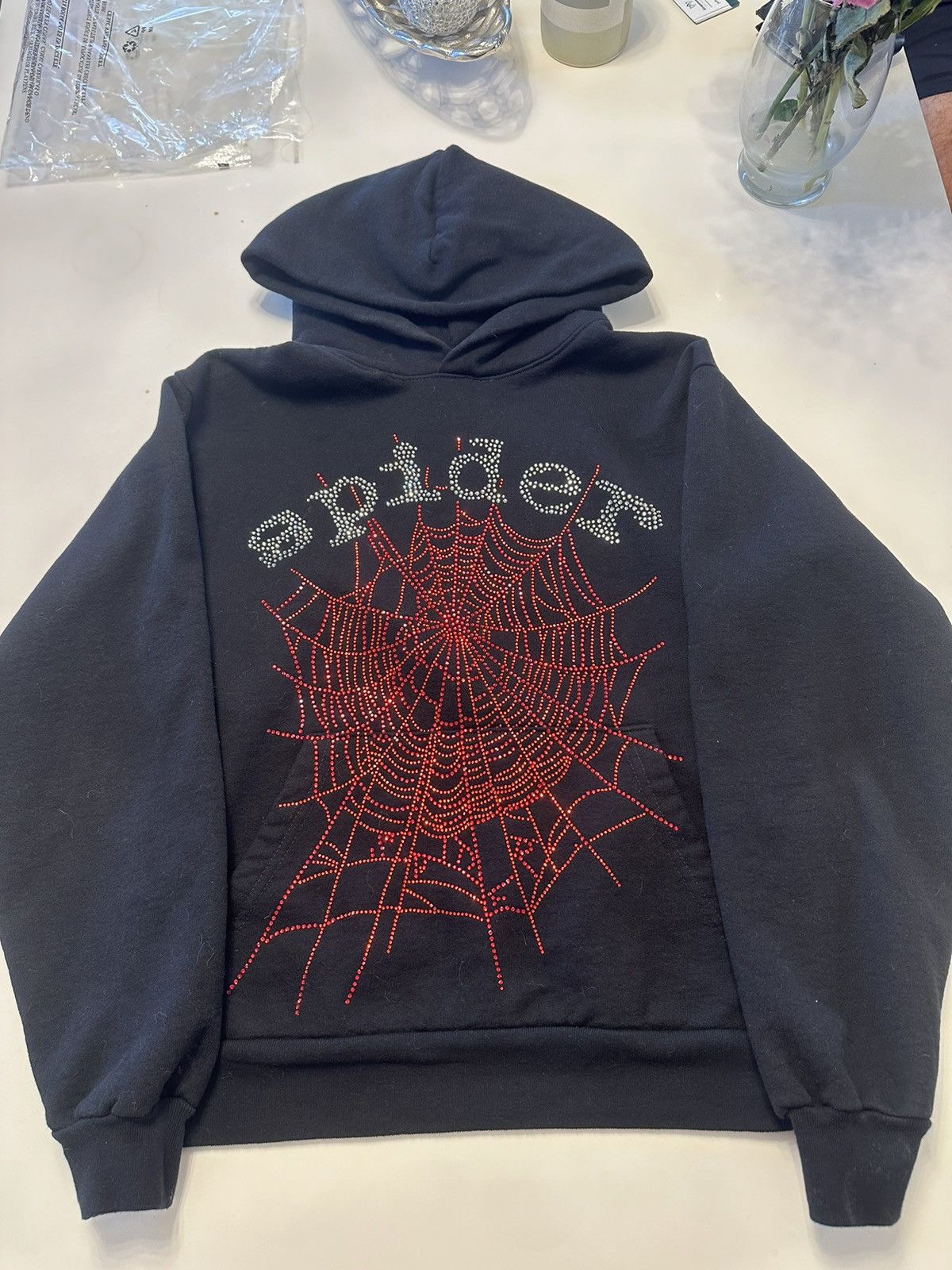 image of Spider Worldwide x Young Thug Sp5Der OG Rhinestone Logo Hoodie in Black, Men's (Size XS)