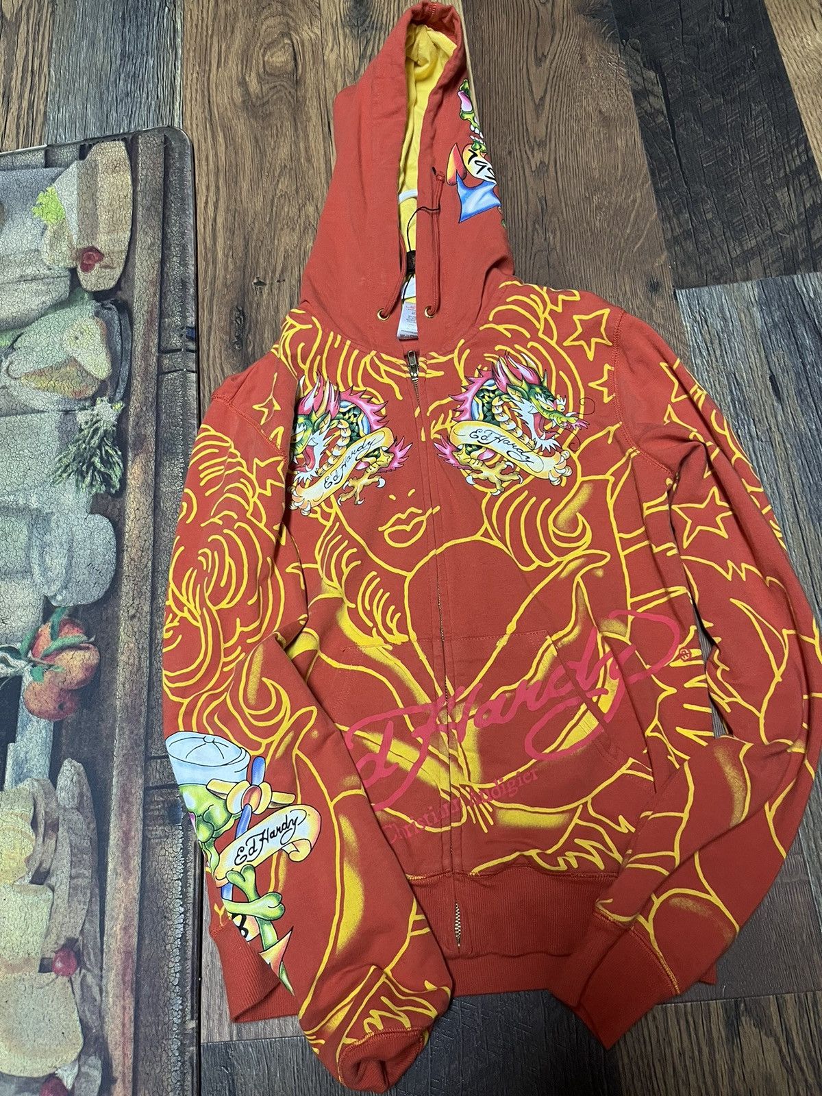 image of Vintage Ed Hardy Hoodie in Orange, Women's (Size Small)