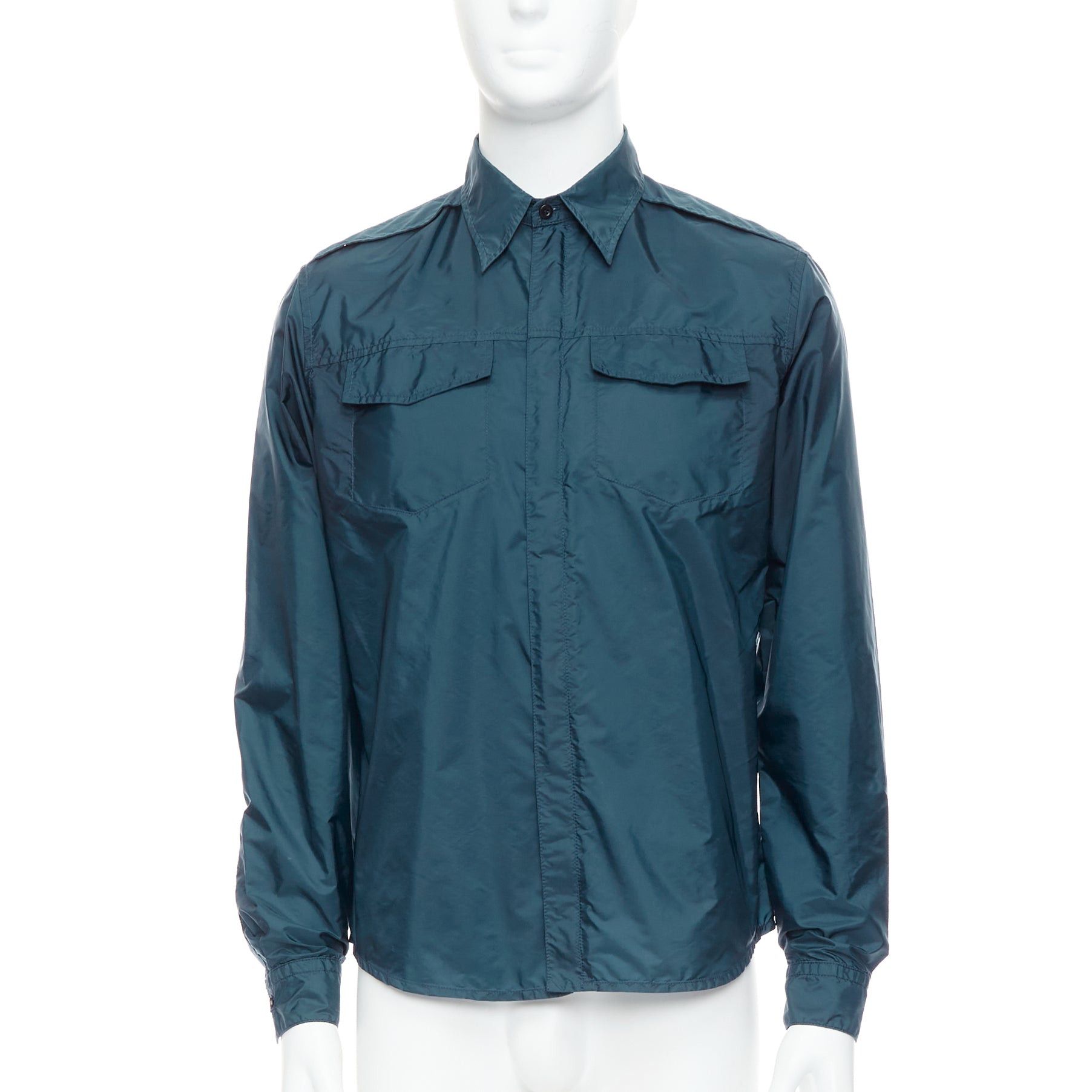Prada PRADA 2018 dark teal blue nylon concealed silver zip over shirt S Size US S / EU 44-46 / 1 - 1 Thumbnail