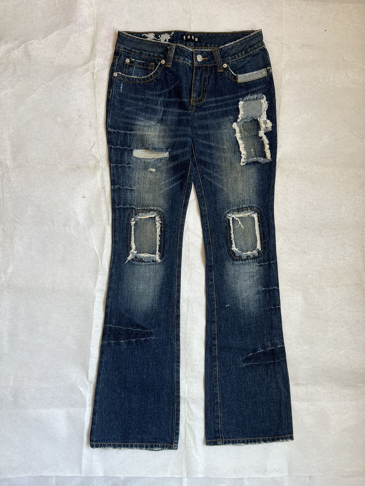Euro Distressed Patchwork Flared Jeans Wide Leg
