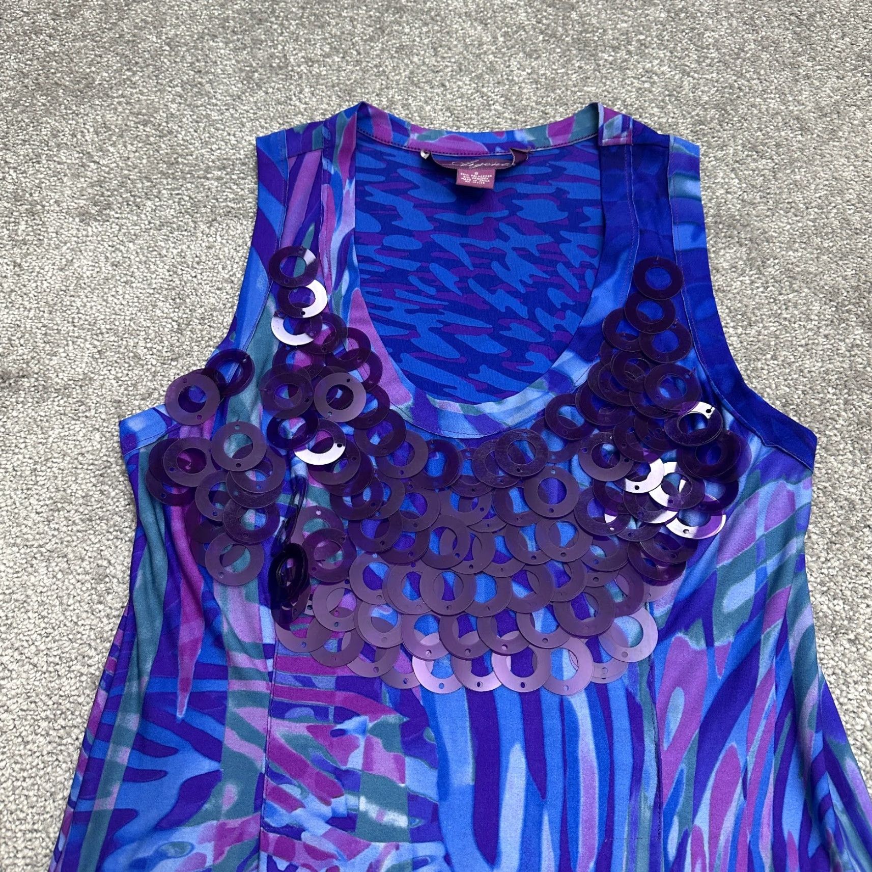 Vintage VINTAGE Argenti Shift Dress Womens 8 Blue Geometric Scoop Neck Embellished Midi Sleeveless Size M / US 6-8 / IT 42-44 - 3 Thumbnail