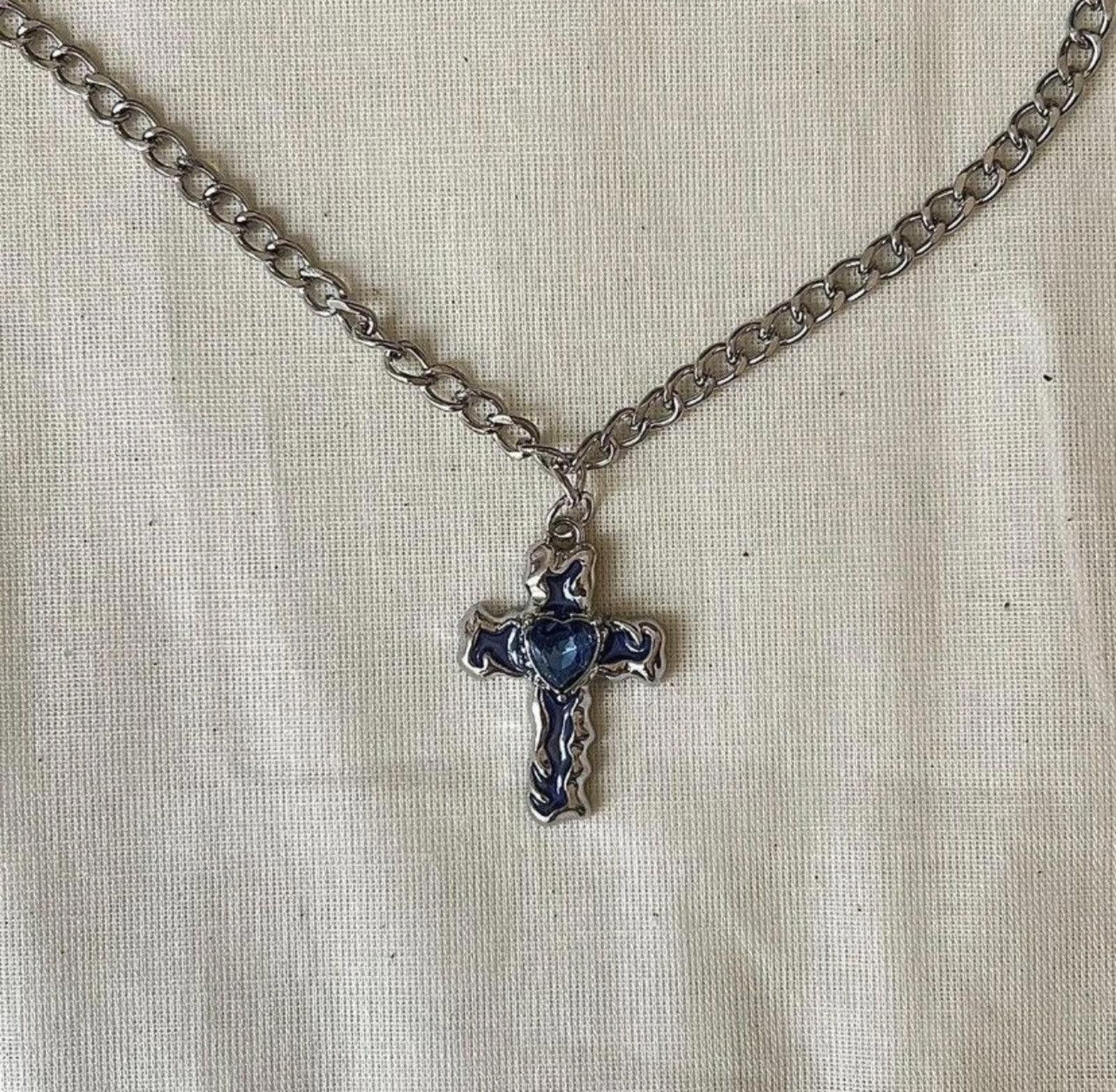 Japanese Brand Silver Cross Necklace with Blue Heart Stone Size ONE SIZE - 2 Thumbnail
