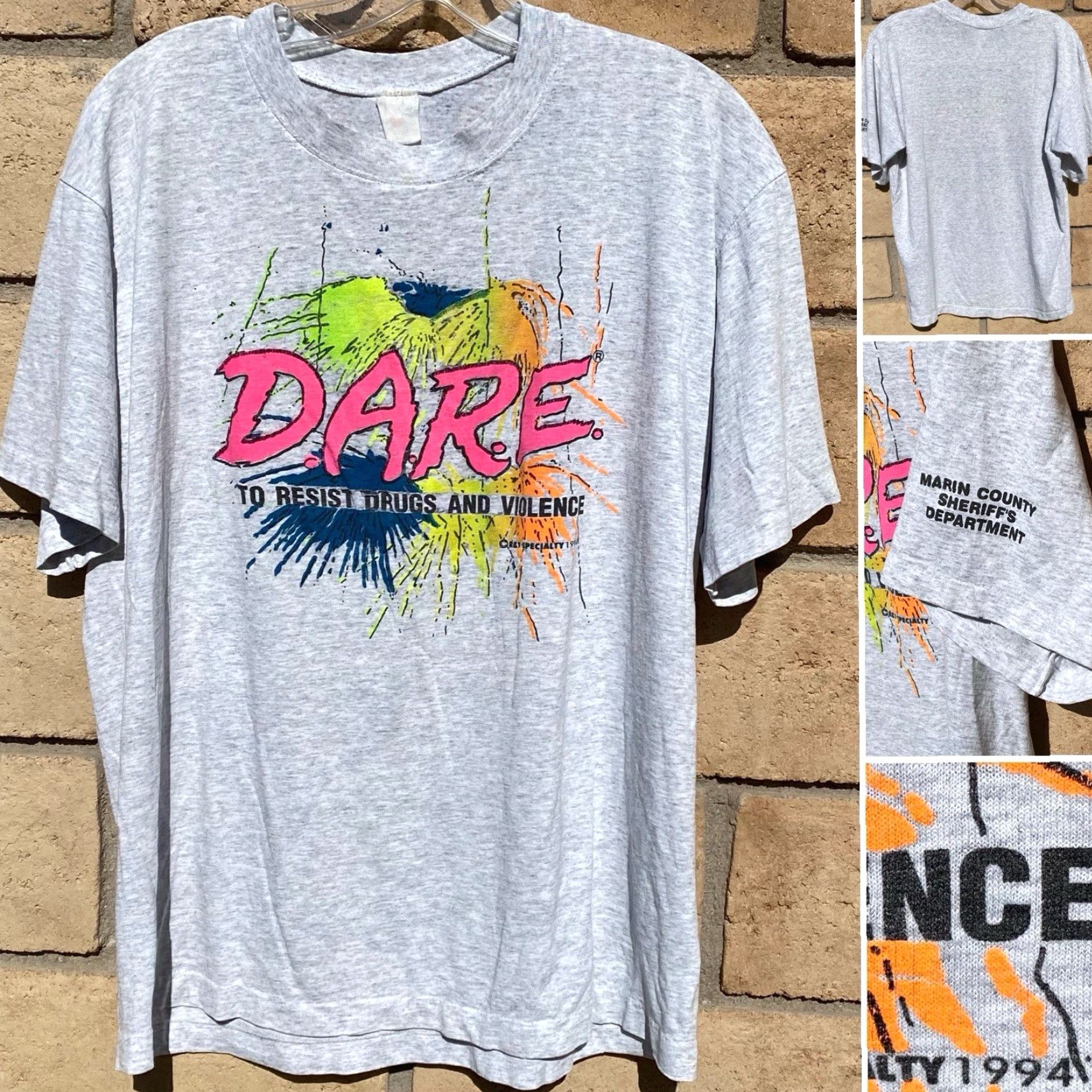 Fruit Of The Loom VINTAGE Fruit of the Loom T-Shirt DARE 1994 Gray Neon Marin County Sheriff XL Men Graphic Tee 1990s Size US XL / EU 56 / 4 - 2 Thumbnail