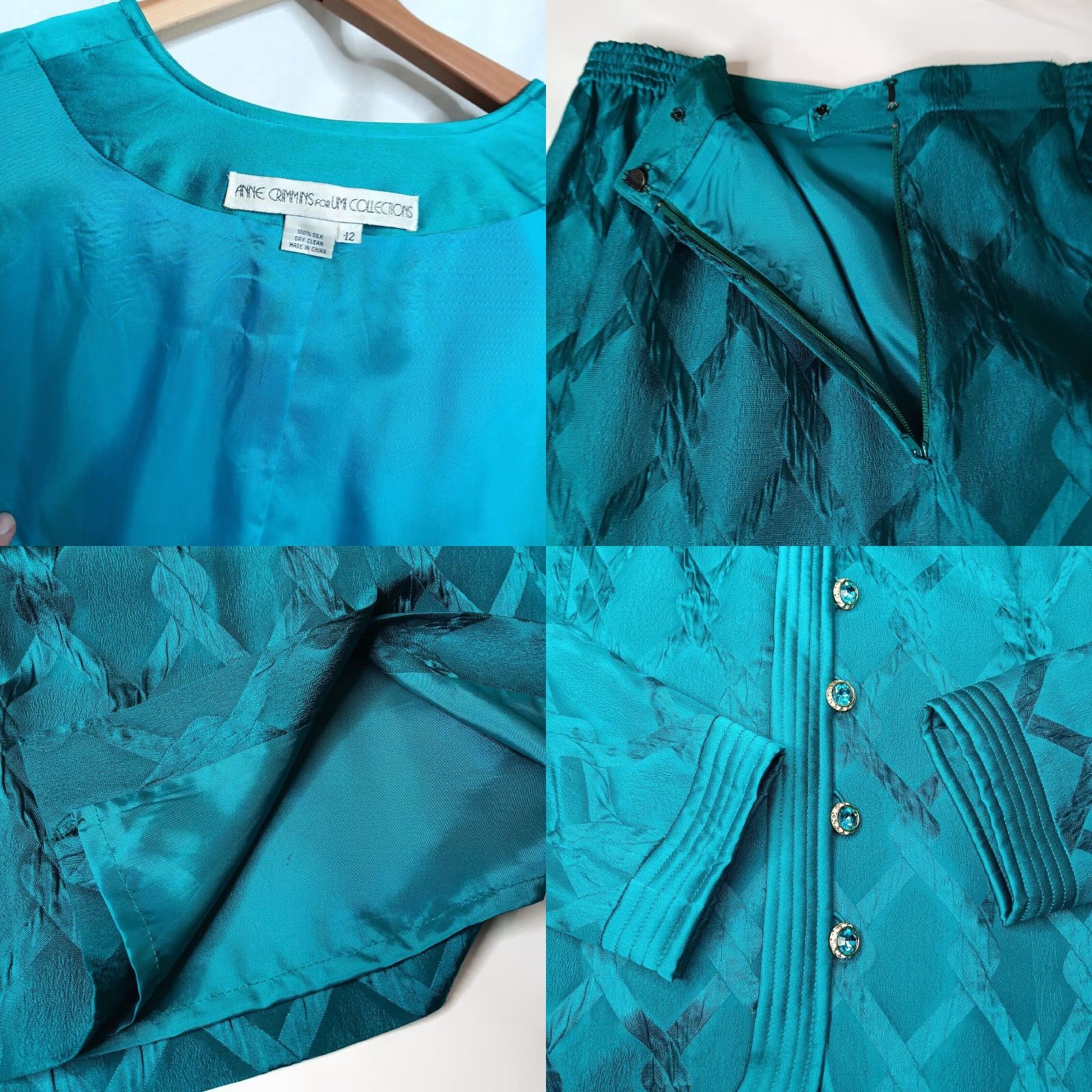 Vintage VINTAGE Anne Crimmins Umi Collections Skirt Suit Teal Silk Set - 2 Piece - Size 12 - Jacket and Skirt - Women - Office Wear - Formal - Silk - Read Size 34" / US 12 / IT 48 - 9 Thumbnail