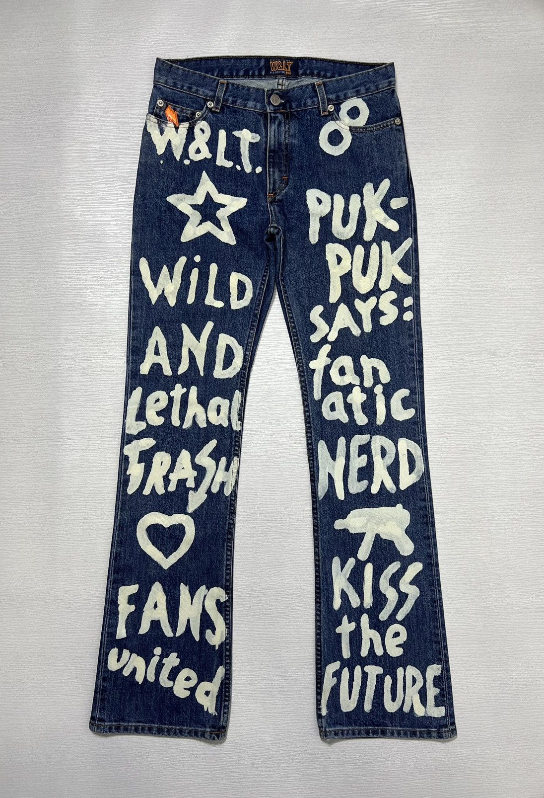 image of W Lt x W Lt Walter Van Beirendonck W&lt - A/w 1999 - Bleach Graffiti Flared Denim Jeans (Size 28)