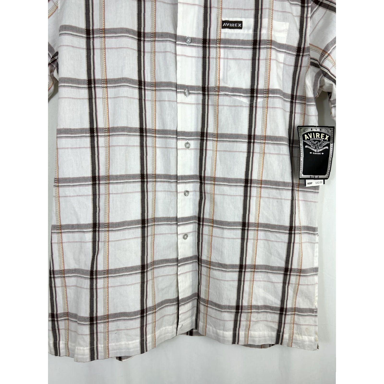 Avirex VINTAGE Avirex Shirt Mens M Button-Up Short Sleeve Brown White Plaid 100% Cotton Striped Size US M / EU 48-50 / 2 - 4 Thumbnail