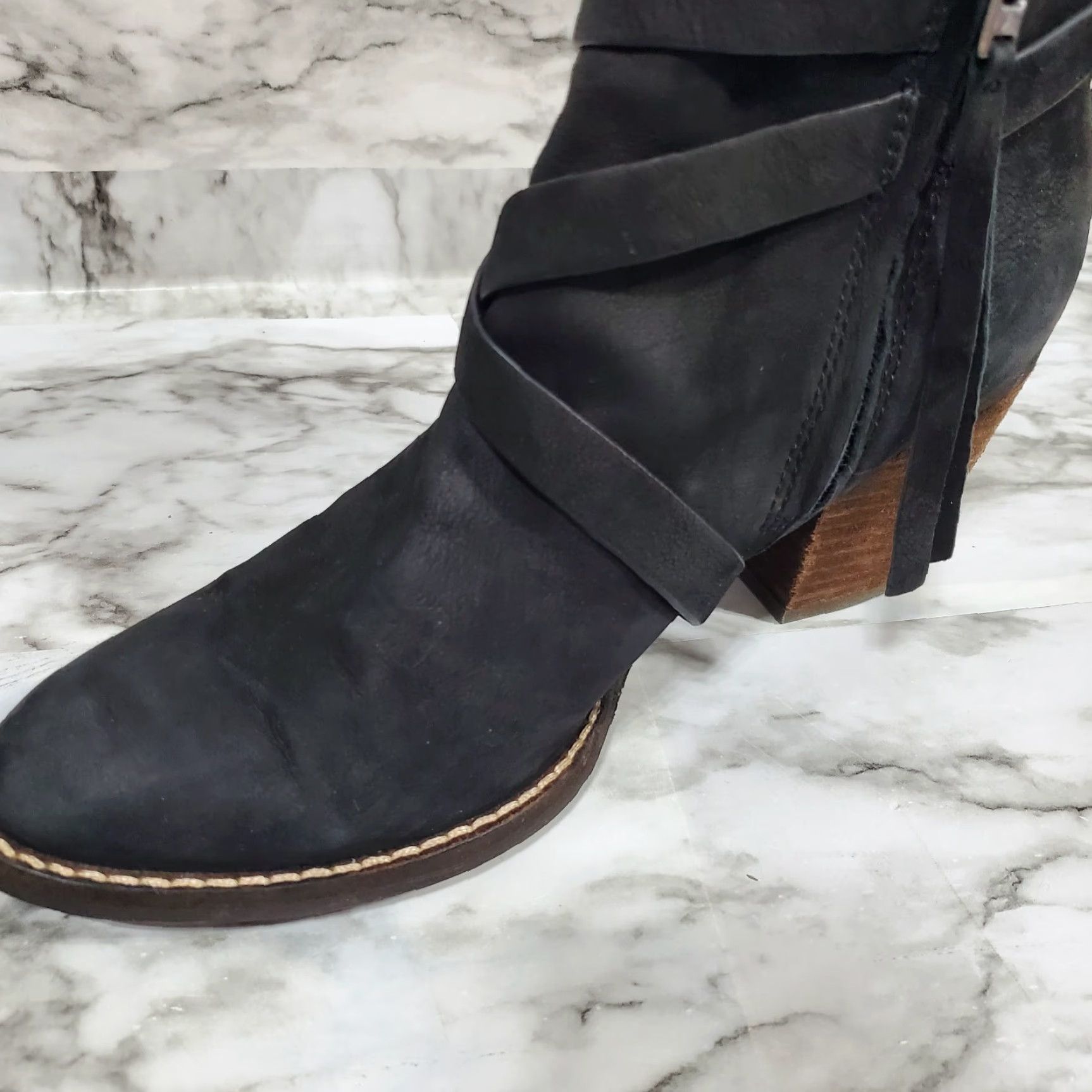 Sam Edelman Sam Edelman Bootie Women 7.5M Black Ankle Boot Merton Leather Almond Toe Strappy Shoe Womens Mid Heel Zip Block Size US 7.5 / IT 37.5 - 7 Thumbnail